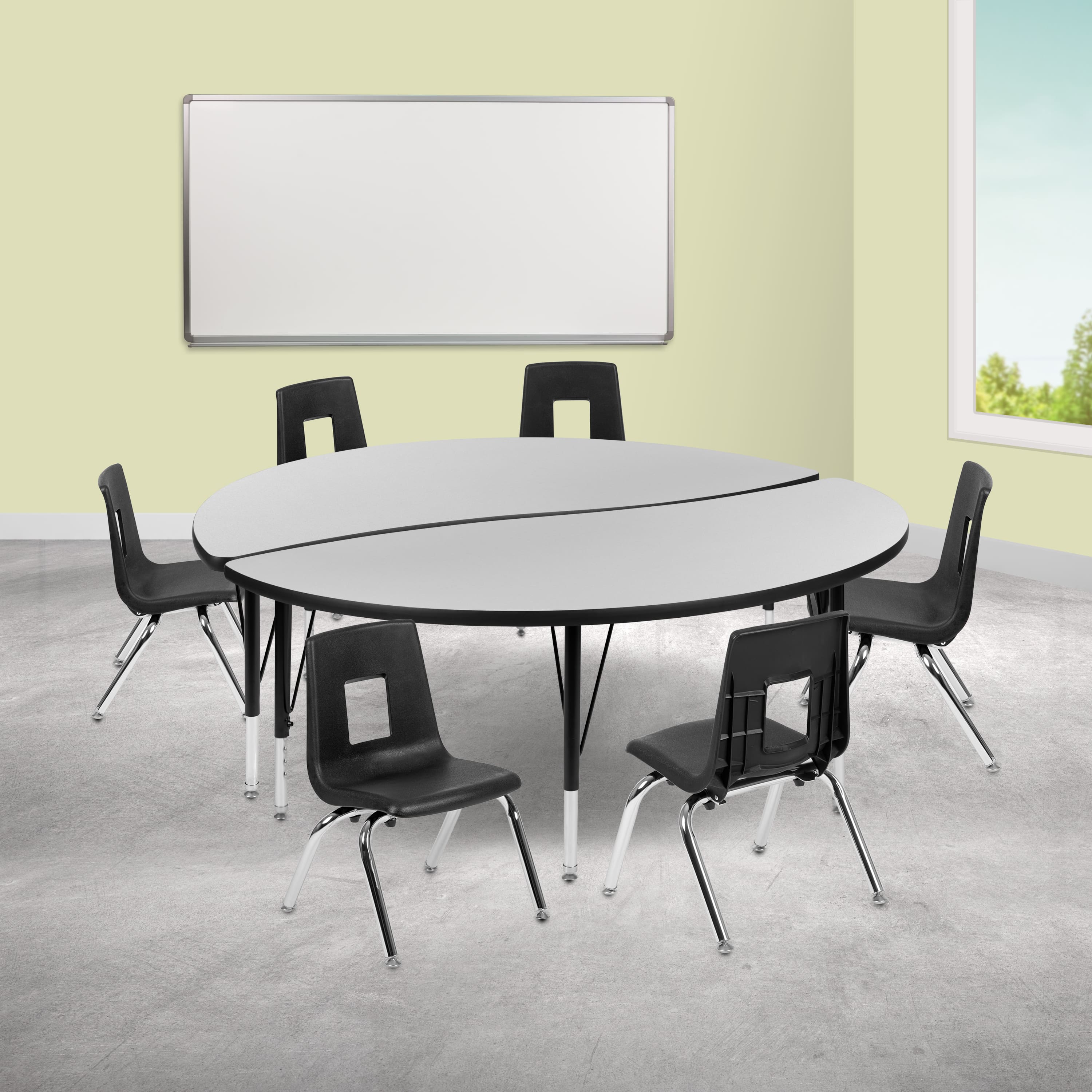 "Emma + Oliver - 60"" Circle Wave Collaborative Laminate Activity Table Set with 14"" Student Stack Chairs - Gray" price history on PriceWatchPro