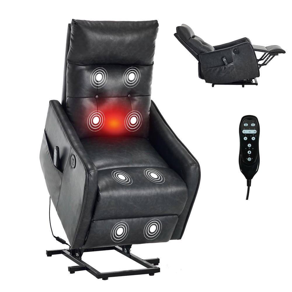 Angle. Kadyn - Power Lift Recliner Chair, Single Motor Massage & Heat, USB Port, 155° Recline, PU Leather, Gray - Gray.