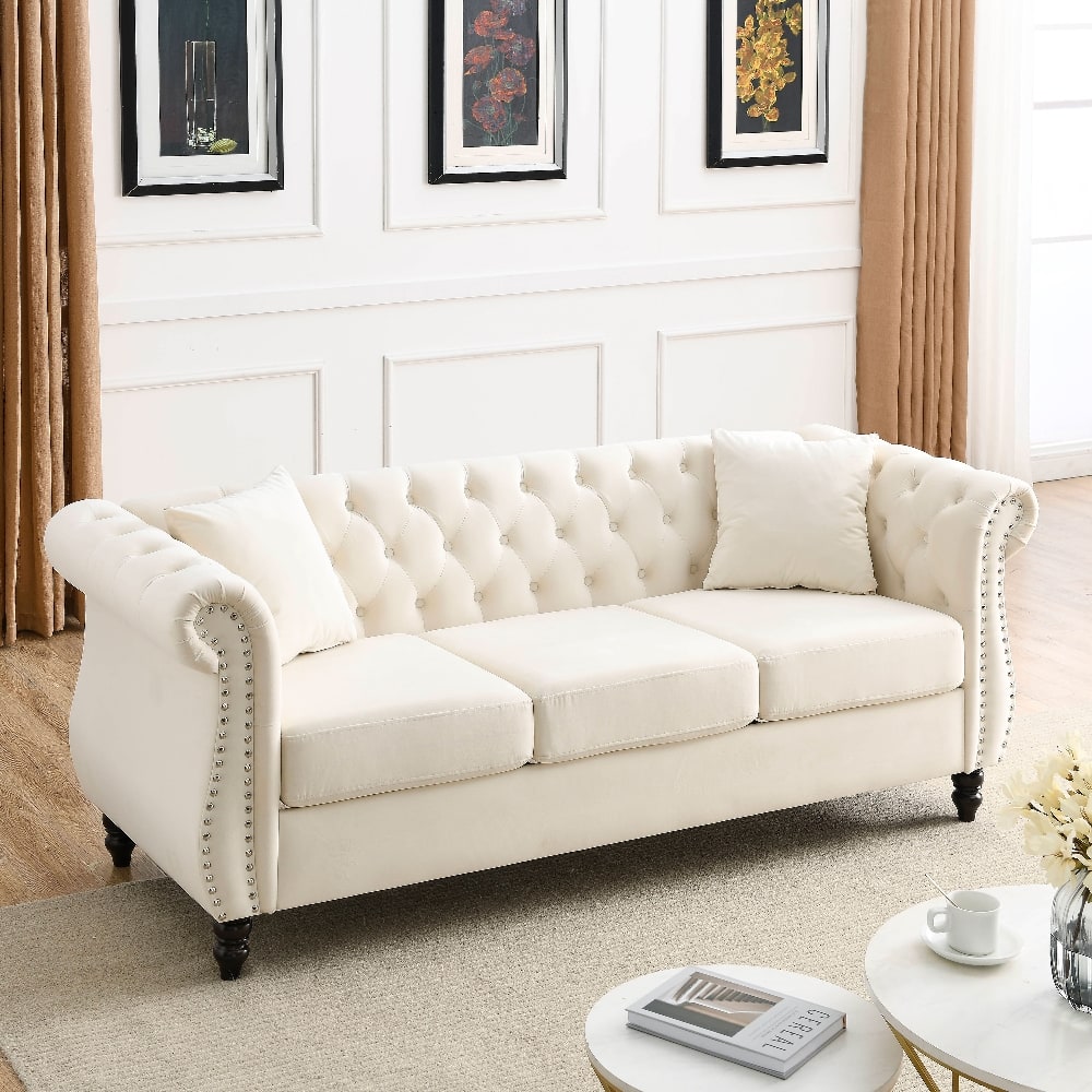 Loheer - 80 Inch Chesterfield Sofa Beige Velvet 3 Seater Couch Tufted Rolled Arm - Beige price history on PriceWatchPro