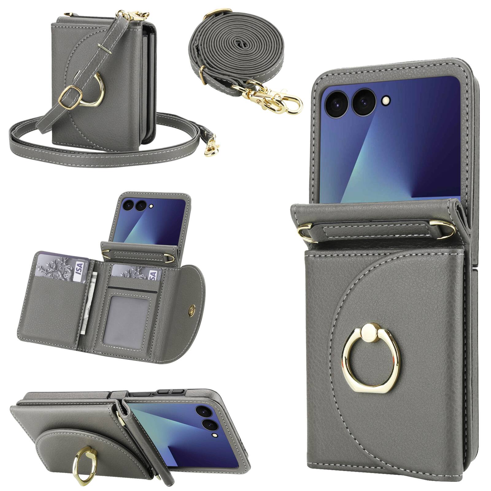 Front. Dteck - for Samsung Galaxy Z Flip7 Crossbody Wallet Case,Shockproof Faux Leather Hinge Cover with Card Slots Bulit in Grip RIng - Gray.