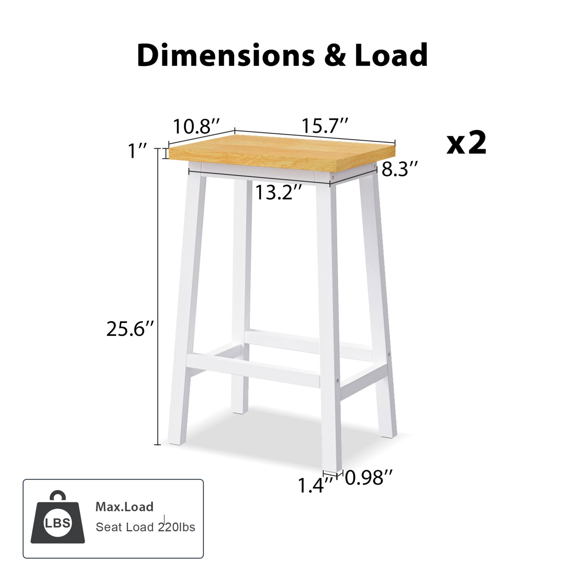 Dimensions & Load  
1" x 10.8" x 15.7" x 8.3" x2  
25.6"  
Max.Load LBS  
Seat Load 220lbs  
1.4" x 0.98"
