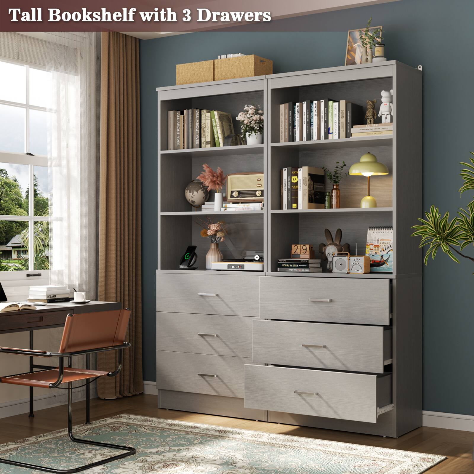 Tall Bookshelf with 3 Drawers