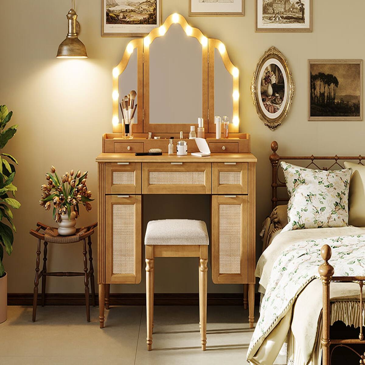 Alt View 6. Loheer - Loheer Makeup Vanity Desk with Mirror and Stool, Natural Finish, Hollywood Lighting and Storage - Natural.