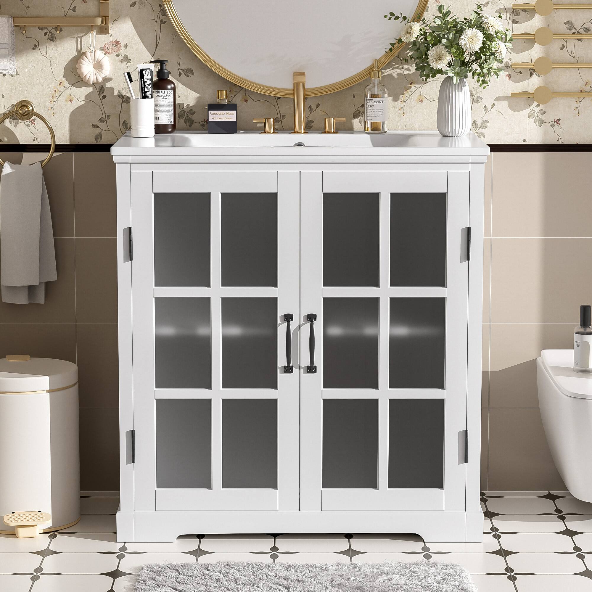 Alt View 1. Loheer - 2.5 ft Modern Bathroom Vanity with Ceramic Sink, Blurred Glass Storage Cabinet. - White.