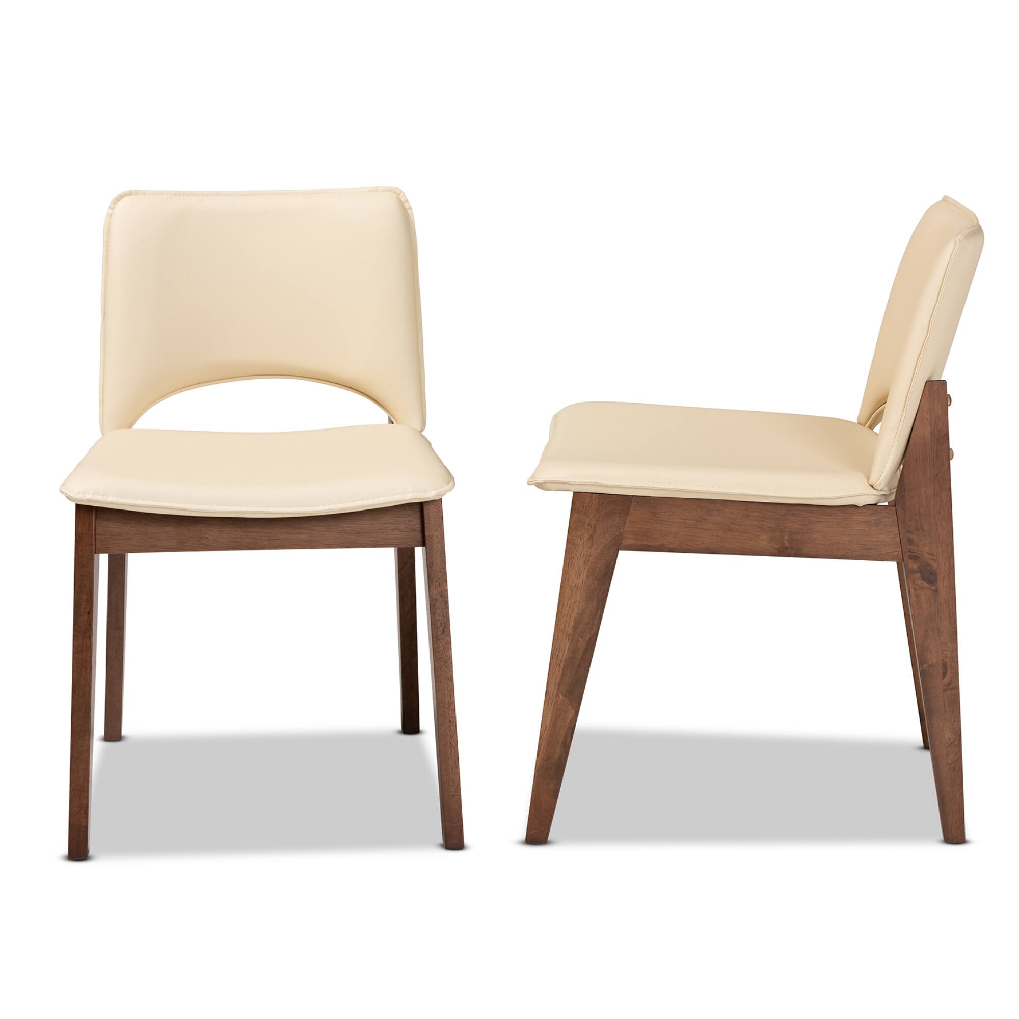 Left. Baxton Studio - Afton Mid Century Faux Leather Upholstered and Finished Wood 2-Piece Dining Chair Set - Beige/Walnut Brown.