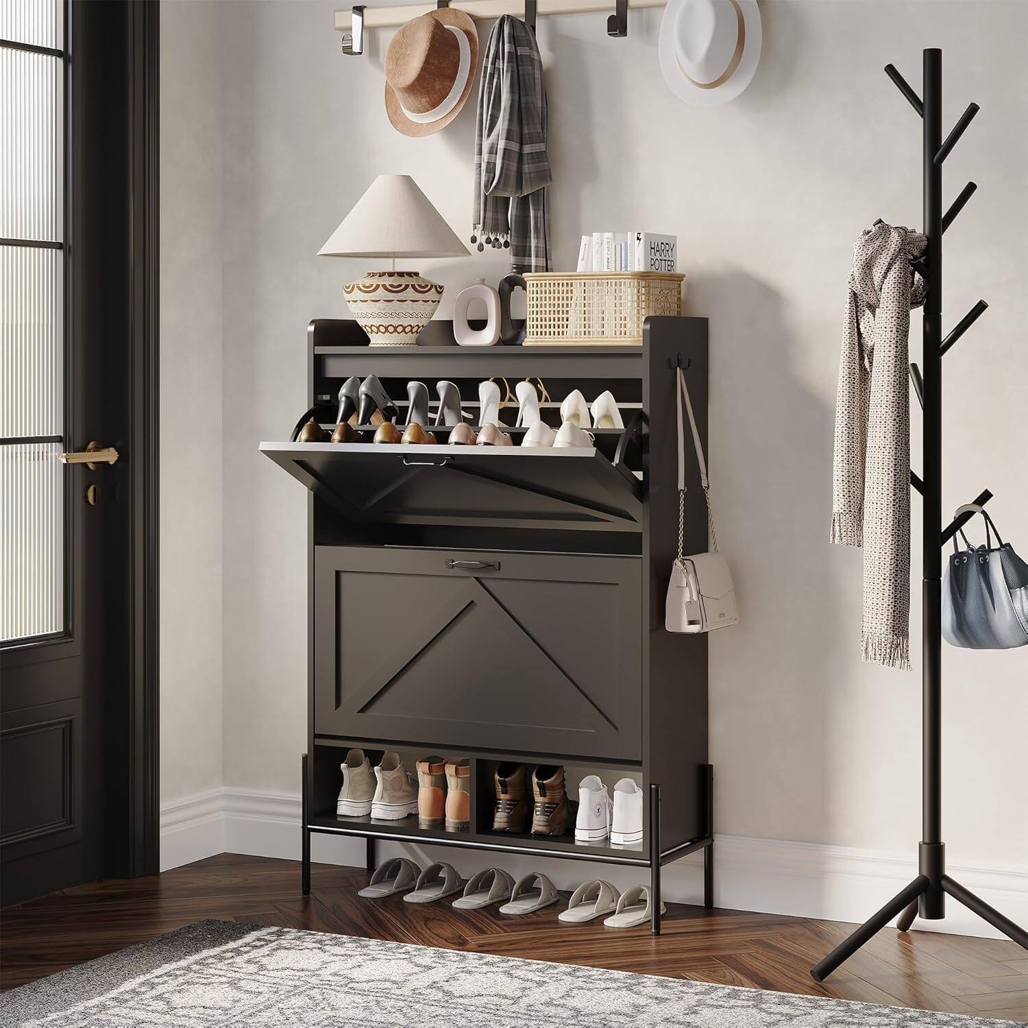 Jojoka - Shoe Cabinet with 2 Flip Drawers & Open Shelf, Hidden Shoe Organizer with Adjustable Support and Metal Knobs - Black