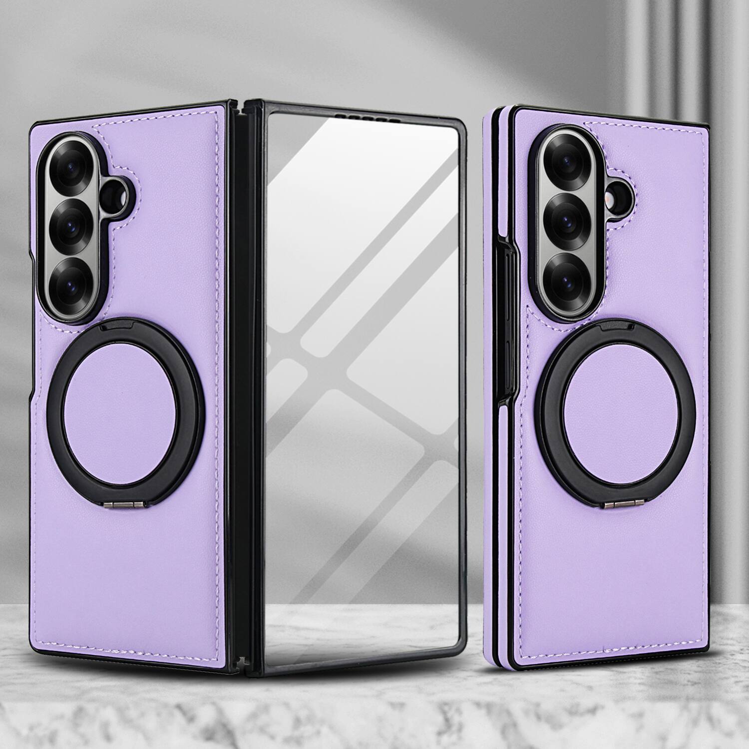 Alt View 4. Dteck - Magnetic Case for Samsung Galaxy Z Fold7 with Ring Kickstand,Built-in Screen Protector,Faux Leather Shockproof Cover - Lightpurple.