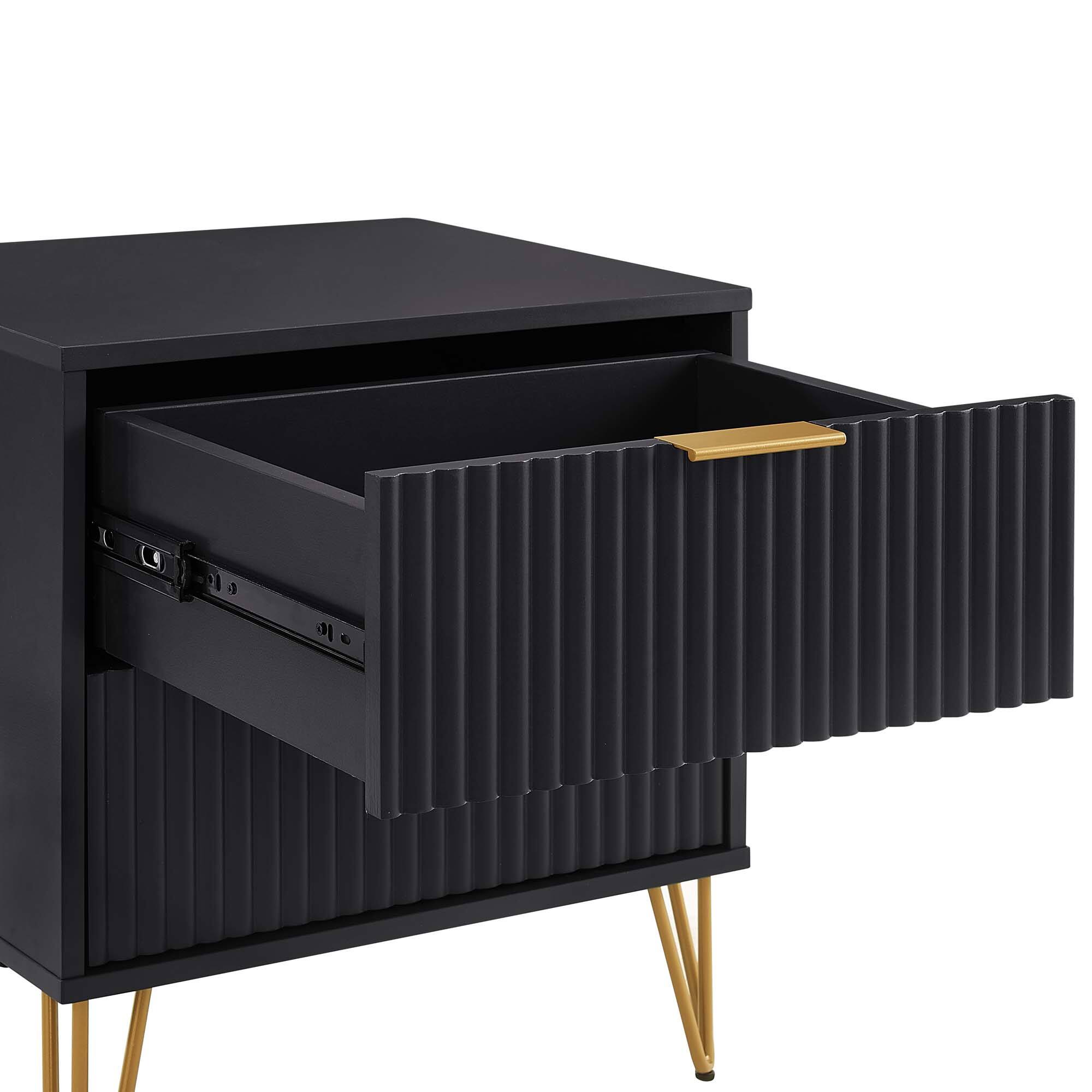 Alt View 1. Tiramisubest - Modern 2-Drawer Nightstand in Black, Gold Metal Handles, Splayed Legs, Snap Assembly - Black.
