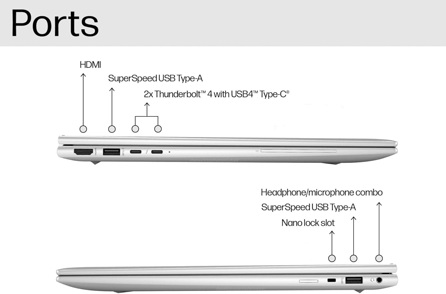 Ports

- HDMI
- SuperSpeed USB Type-A
- 2x Thunderbolt™ 4 with USB4™ Type-C
- Headphone/microphone combo
- SuperSpeed USB Type-A
- Nano lock slot
