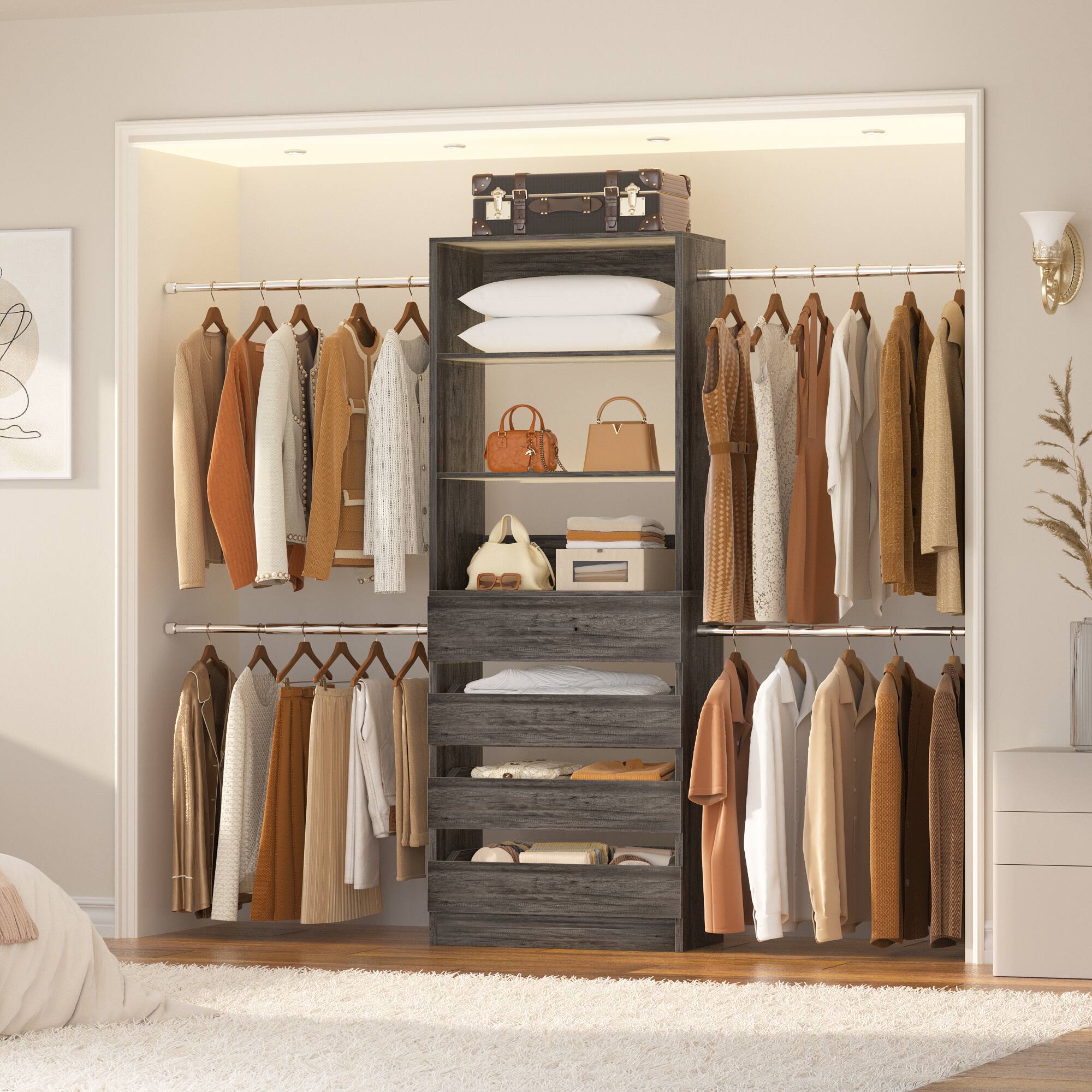 Angle. Aheaplus - 4-9FT Adjustable Wooden Closet Organizer, 4 Drawers & 4 Hanging Rods, Heavy Duty Walk-in Wardrobe System - Gray Oak.