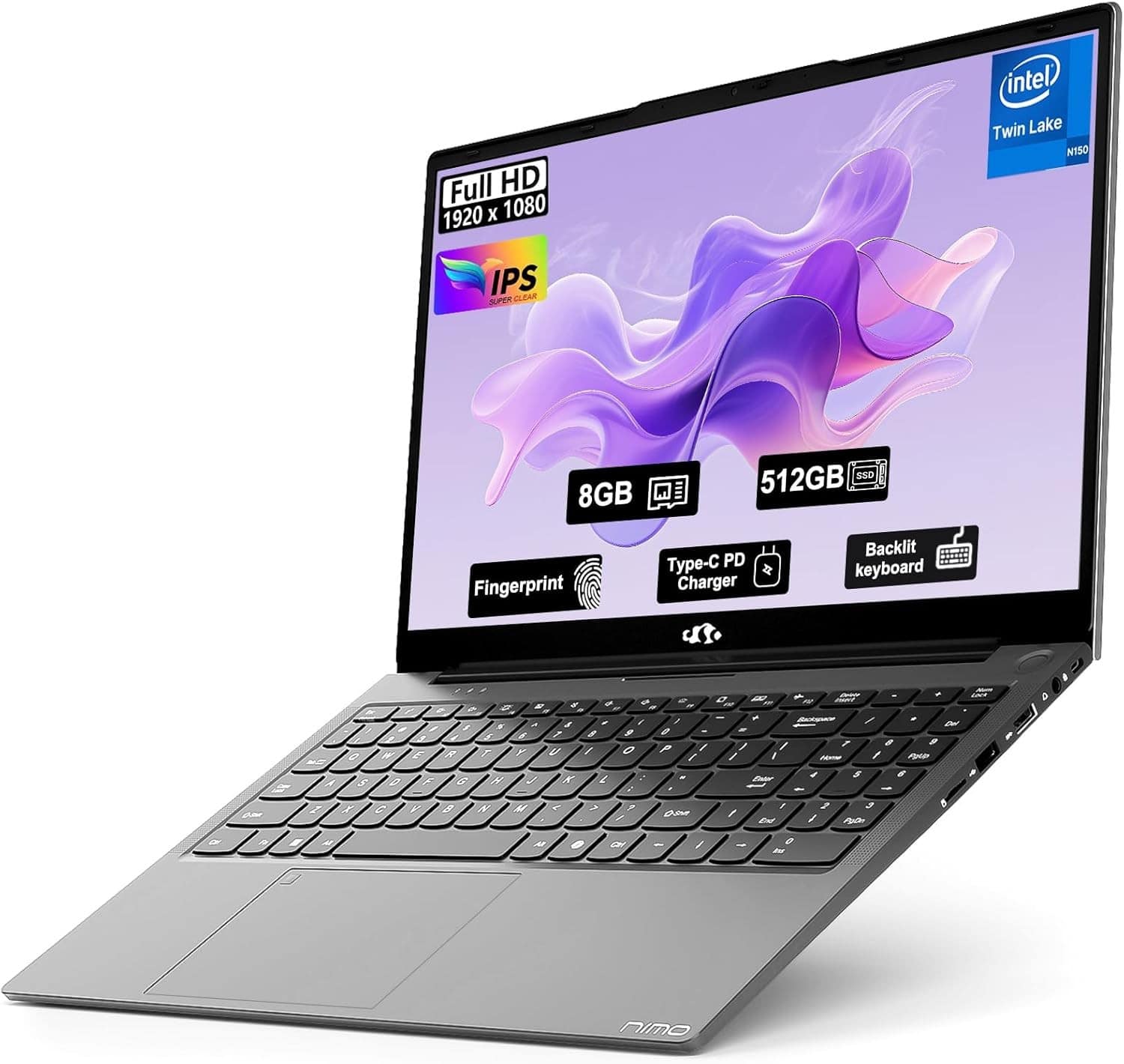 Full HD 1920 x 1080  
IPS  
Intel Twin Lake N150  
8GB  
512GB SSD  
Fingerprint  
Type-C PD Charger  
Backlit keyboard