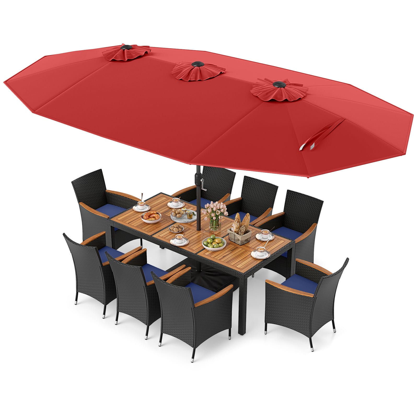 Costway - 11 PCS Patio Wicker Dining Set with Double-Sided Outdoor Umbrella 8 Stackable Chairs - Red+Navy