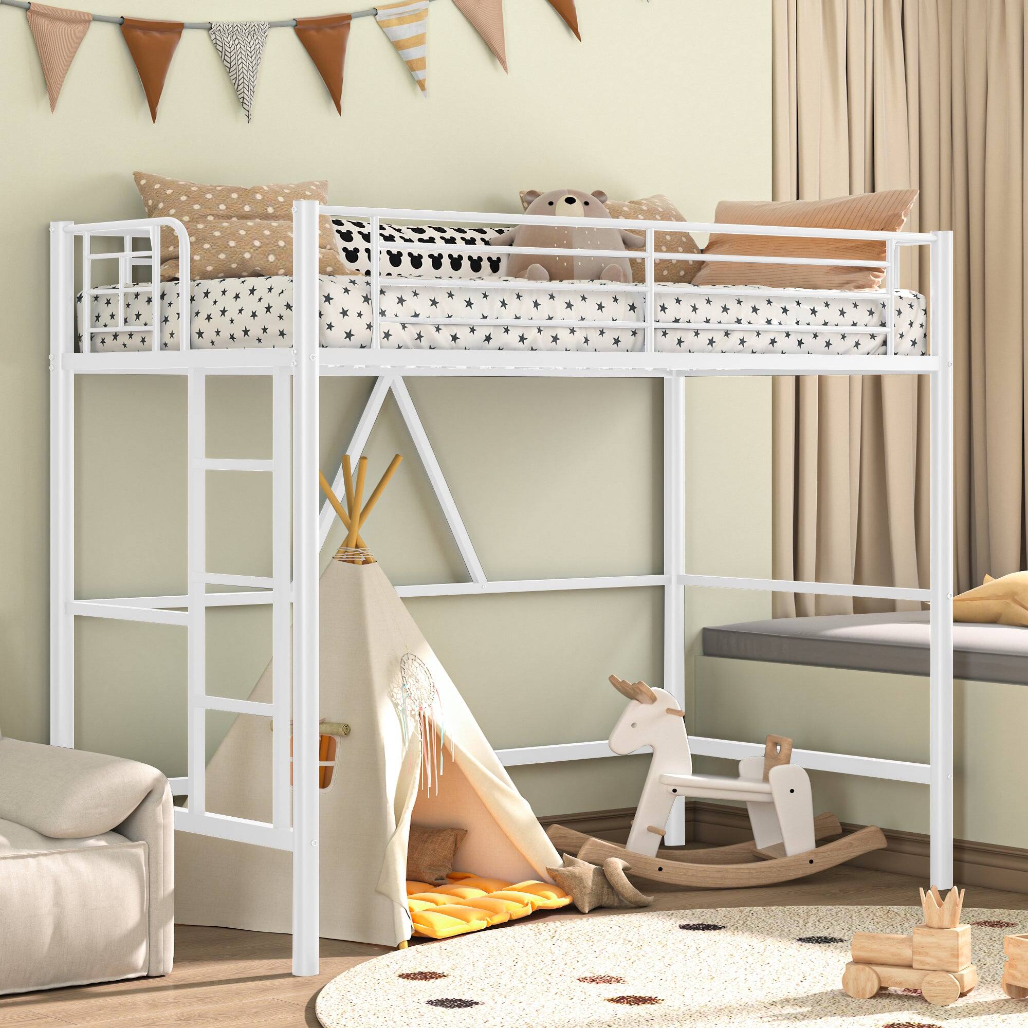 Vecelo - Twin Loft Bed with Desk Space - Heavy Duty Metal Frame, Study Loft Bed, Space Saving Loft Bed, Noise Free Loft Bed - White