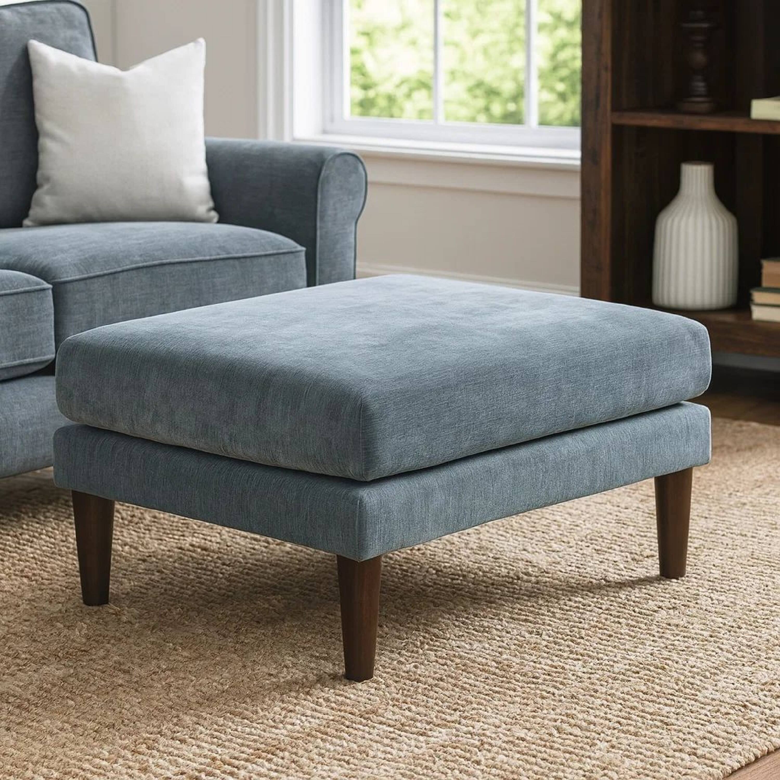 Alt View 5. Manhattan Lane - Rio 32 Inch Modular Ottoman, Box Cushion Seat, Wood Legs, Slate Blue Fabric - Blue.