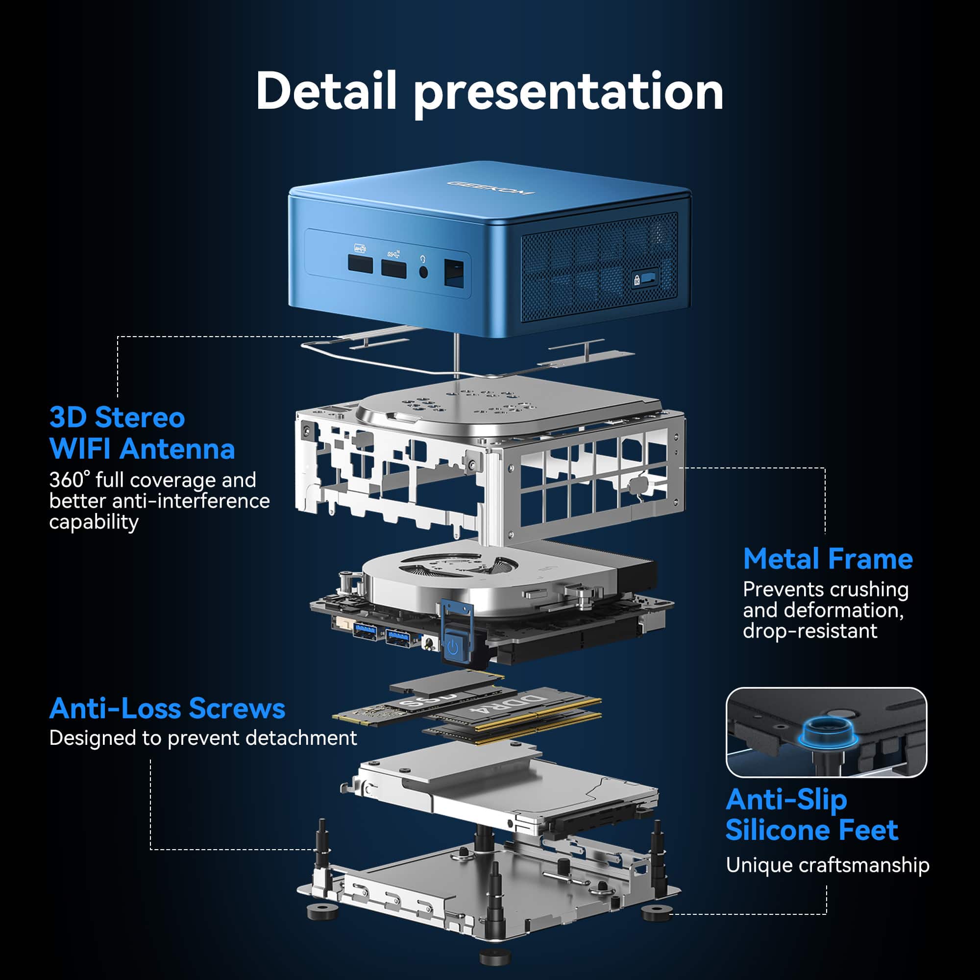 Detail presentation
3D Stereo WIFI Antenna
360 full coverage and better anti-interference capability
Metal Frame
Prevents crushing and deformation, drop-resistant
Anti-Loss Screws
Designed to prevent detachment
Anti-Slip Silicone Feet
Unique craftsmanship