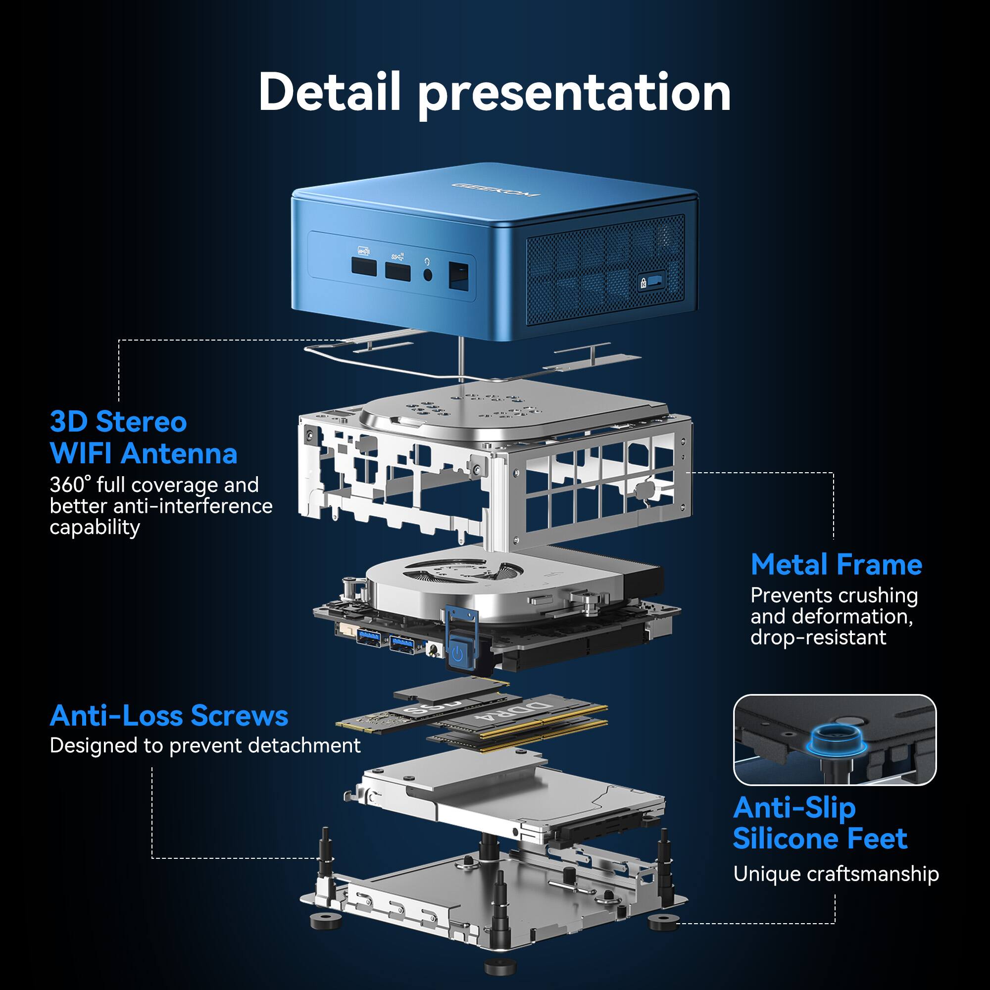 Detail presentation

3D Stereo WIFI Antenna
360 full coverage and better anti-interference capability

Metal Frame
Prevents crushing and deformation, drop-resistant

Anti-Loss Screws
Designed to prevent detachment

Anti-Slip Silicone Feet
Unique craftsmanship
