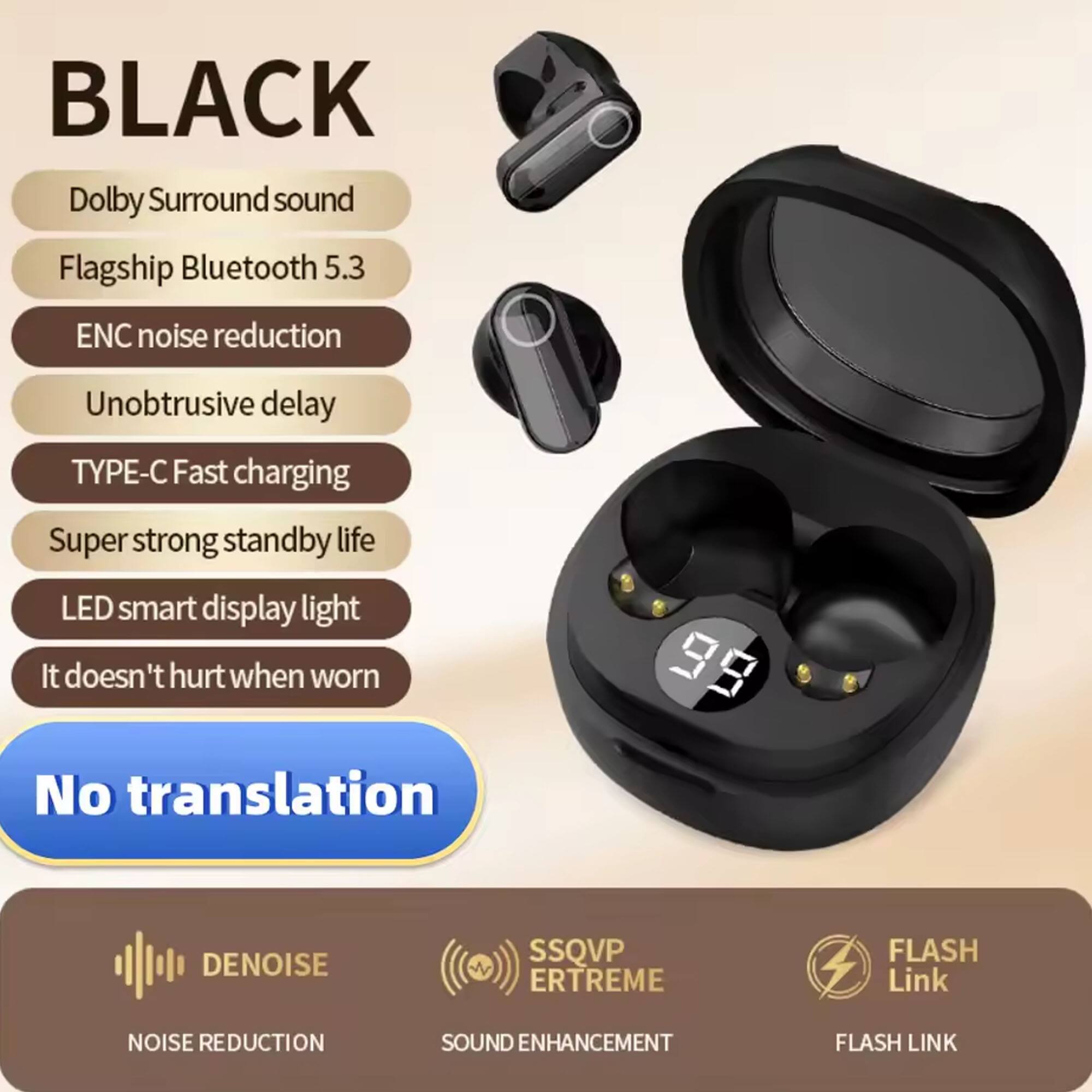 YONWAY - Sleep Bluetooth Headphones, Noise Canceling Earphone, Stereo Earbuds with LED Digital Display and Charging Case - Black