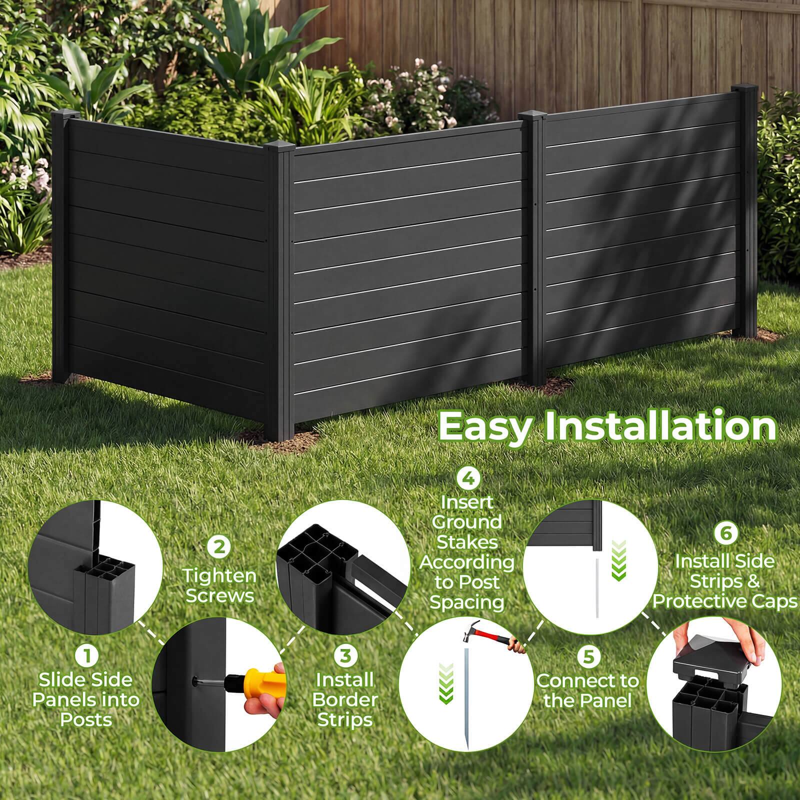 1. Slide Side Panels into Posts  
2. Tighten Screws  
3. Install Border Strips  
4. Insert Ground Stakes According to Post Spacing  
5. Connect to the Panel  
6. Install Side Strips & Protective Caps