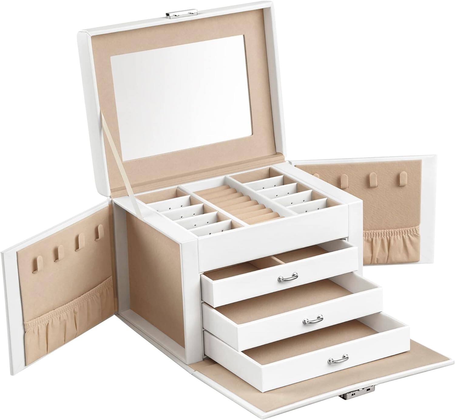 Front. Songmics Home - 4-Tier Lockable Jewelry Box with Handle – White - White.