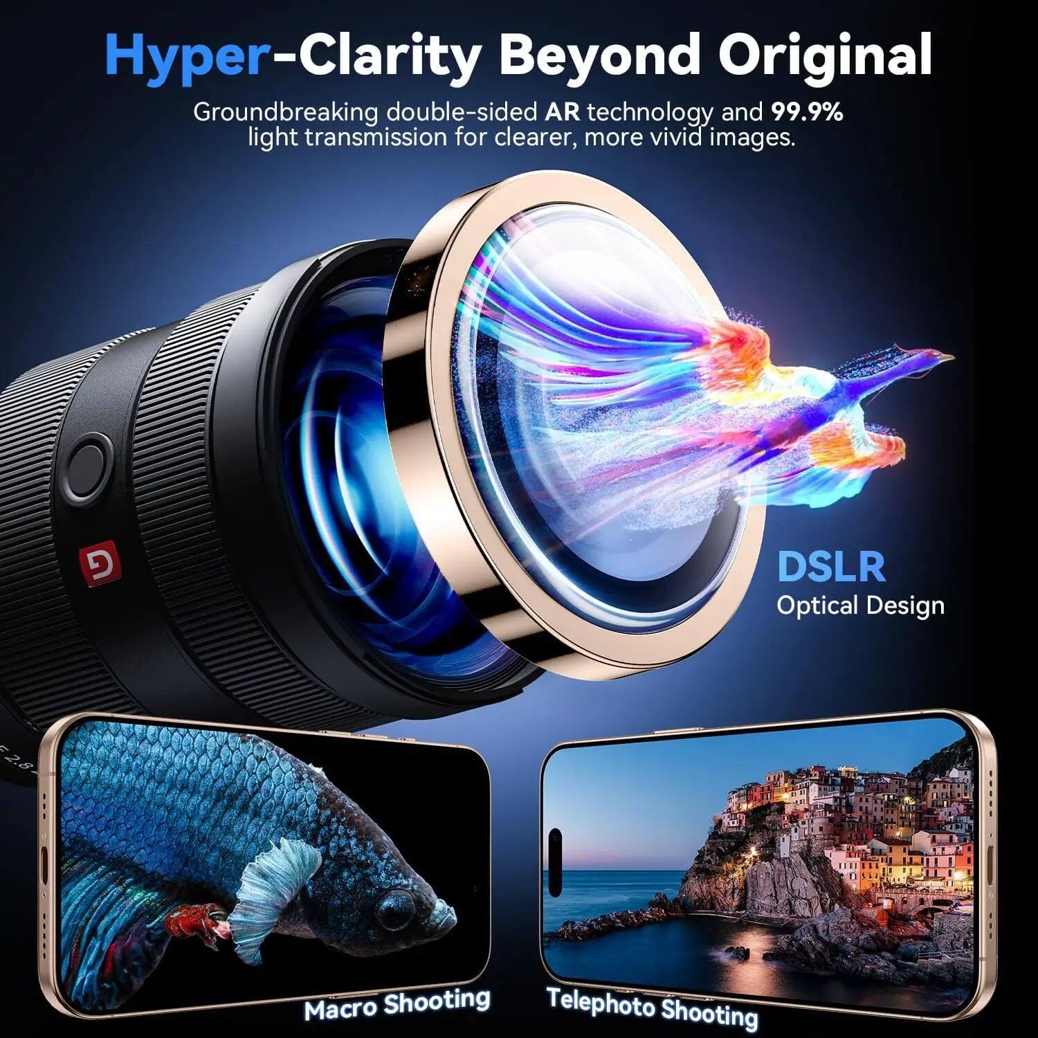 Hyper-Clarity Beyond Original

Groundbreaking double-sided AR technology and 99.9% light transmission for clearer, more vivid images.

DSLR Optical Design

Macro Shooting

Telephoto Shooting