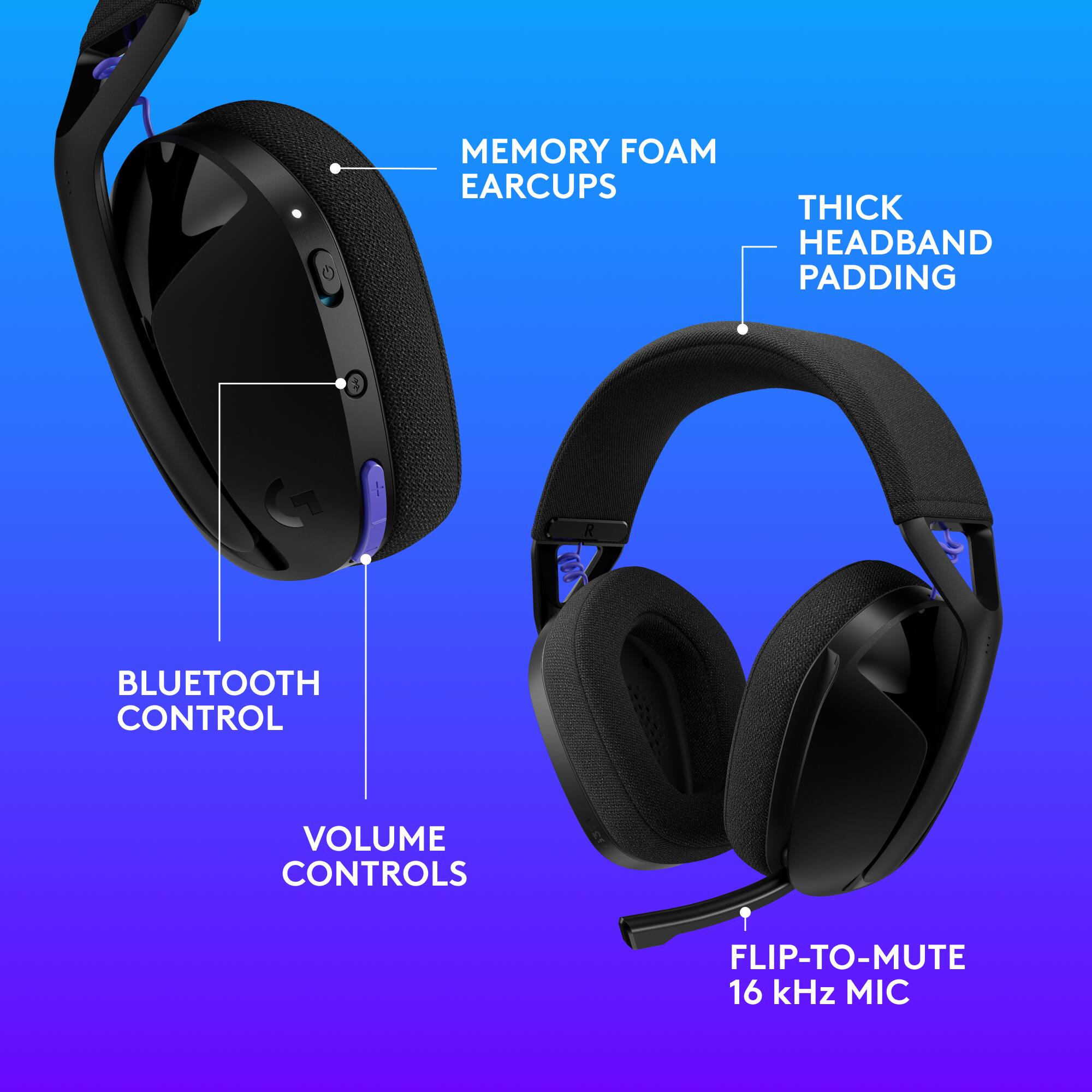 MEMORY FOAM EARCUPS, THICK HEADBAND PADDING, BLUETOOTH CONTROL, VOLUME CONTROLS, FLIP-TO-MUTE 16 kHz MIC