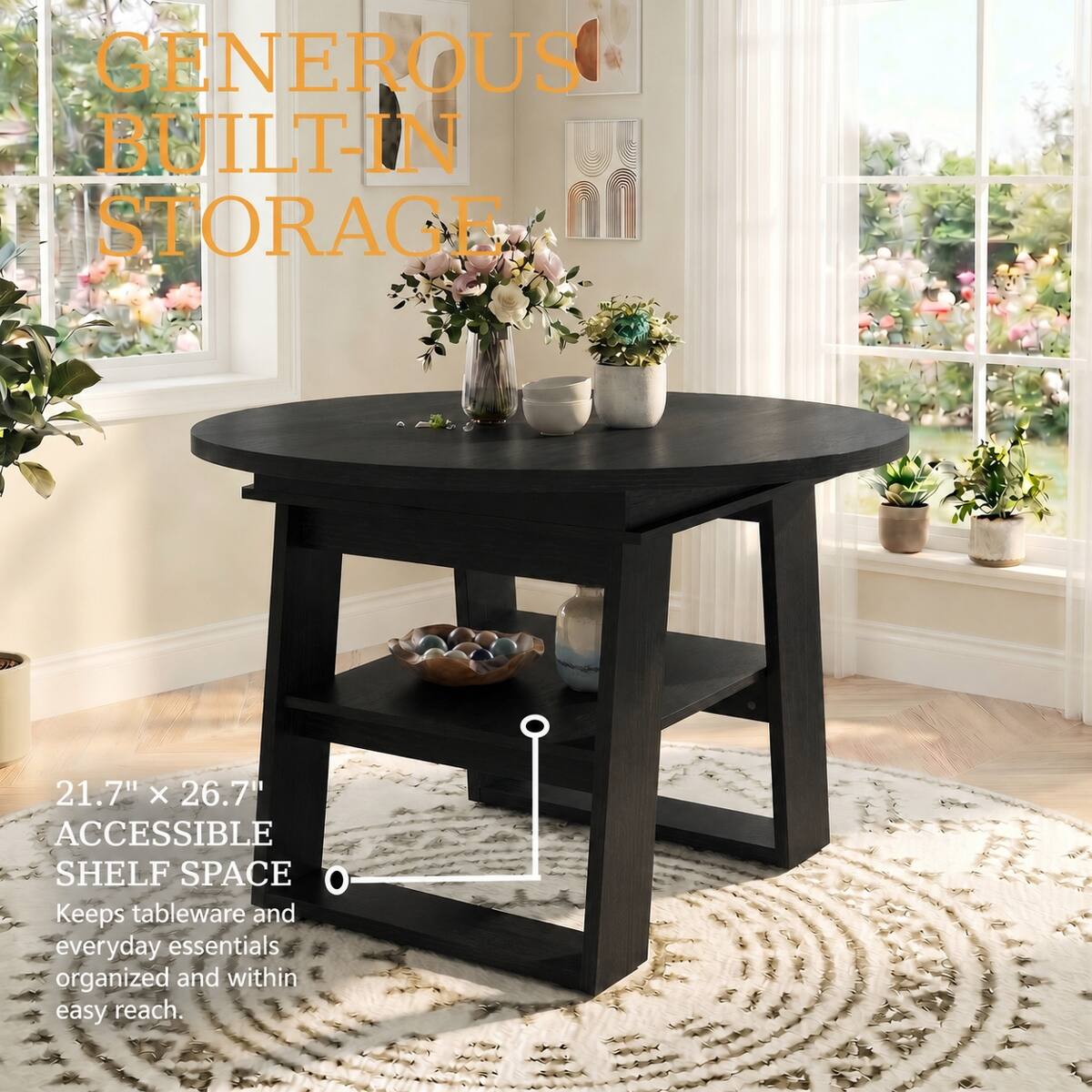 GENEROUS BUILT-IN STORAGE

21.7" X 26.7" ACCESSIBLE SHELF SPACE
Keeps tableware and everyday essentials organized and within easy reach.
