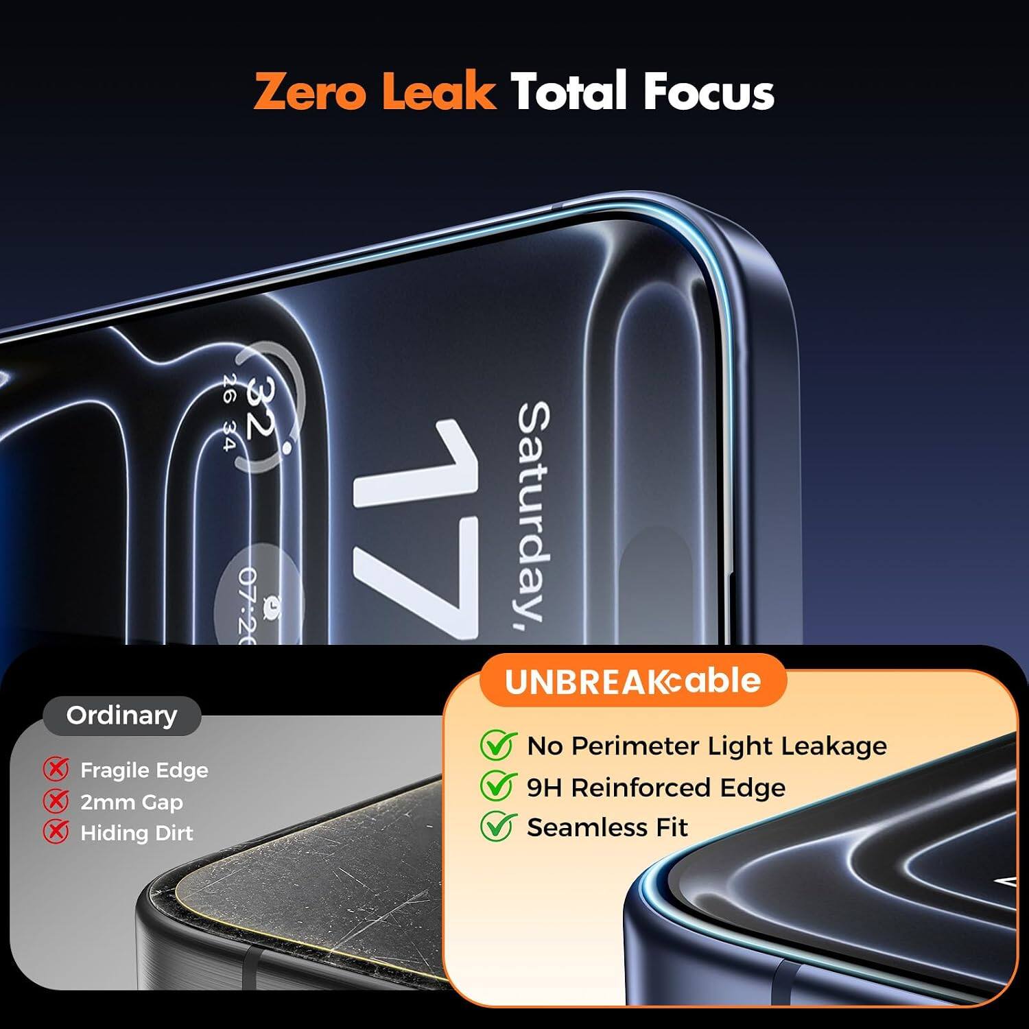 Zero Leak Total Focus

Ordinary
- Fragile Edge
- 2mm Gap
- Hiding Dirt

UNBREAKable
- No Perimeter Light Leakage
- 9H Reinforced Edge
- Seamless Fit