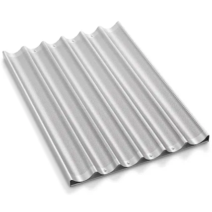 Front. GRIDMANN - Commercial 18 x 26-in Perforated Aluminum Baguette Pan - 6 Slot Loaf Pan - Silver.