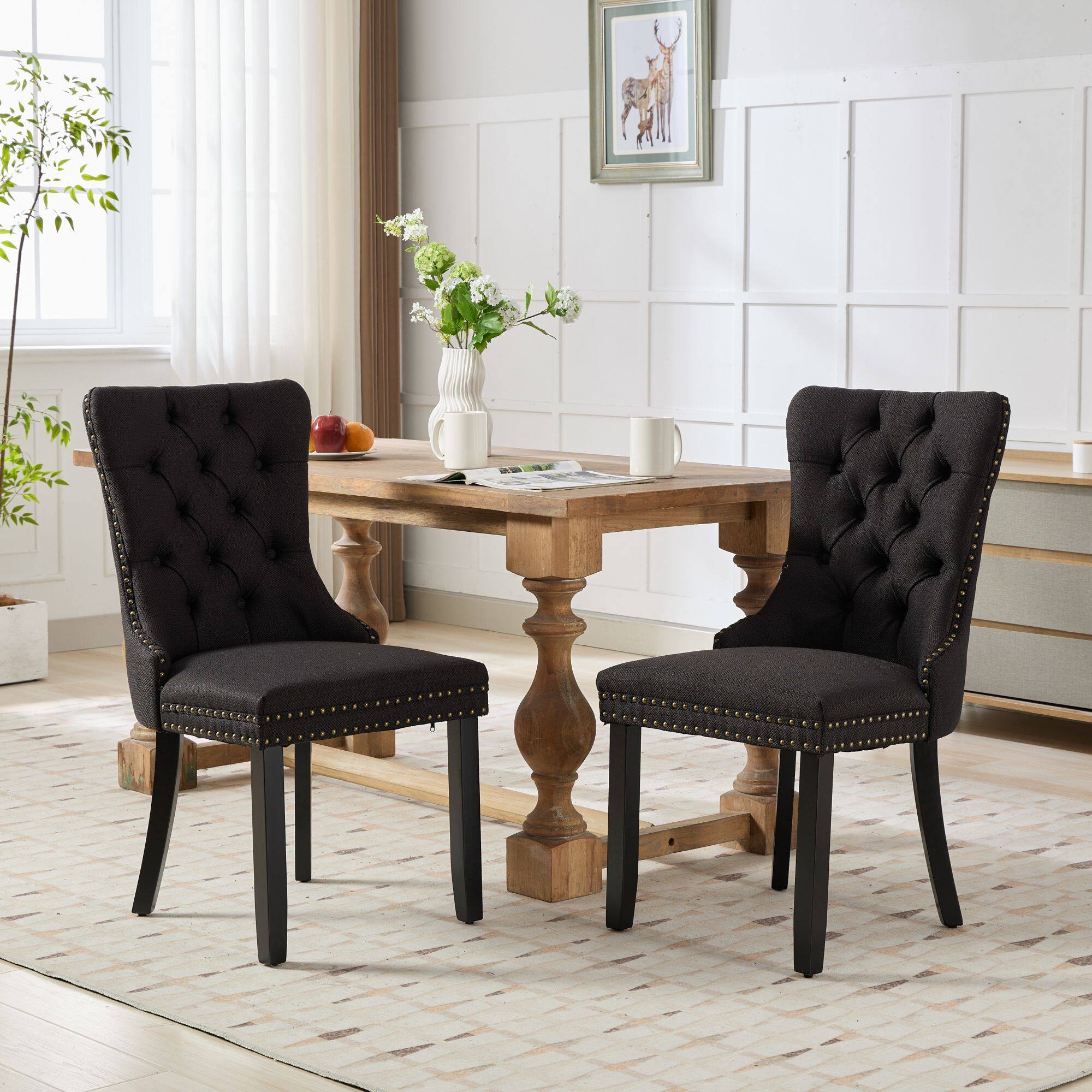 Alt View 9. Tiramisubest - High-end Tufted Solid Wood Contemporary Flax Upholstered Linen Dining Chair with Wood Legs Nailhead,SET OF 2,Black - Black.