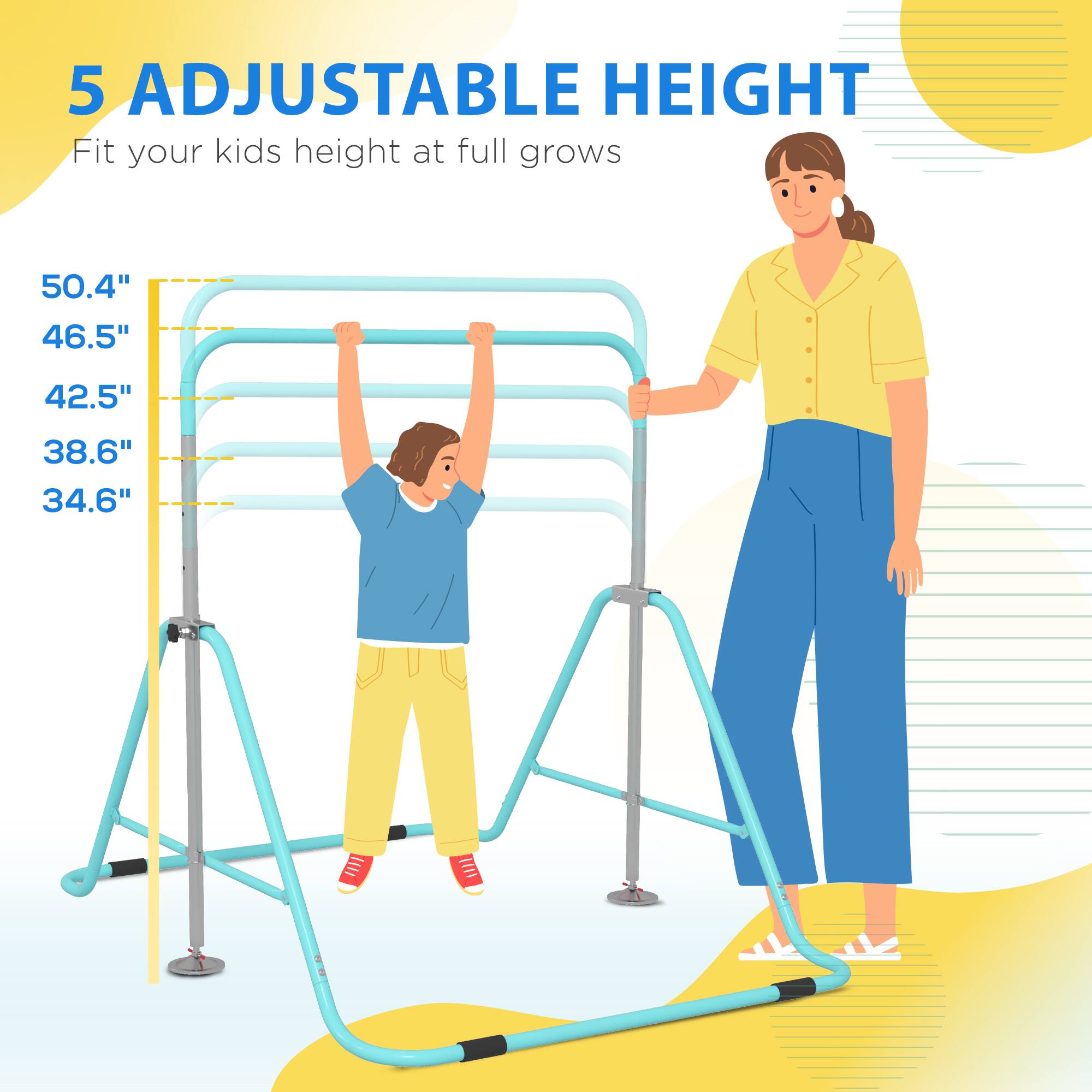 5 ADJUSTABLE HEIGHT  
Fit your kids height at full grows  

50.4"  
46.5"  
42.5"  
38.6"  
34.6"