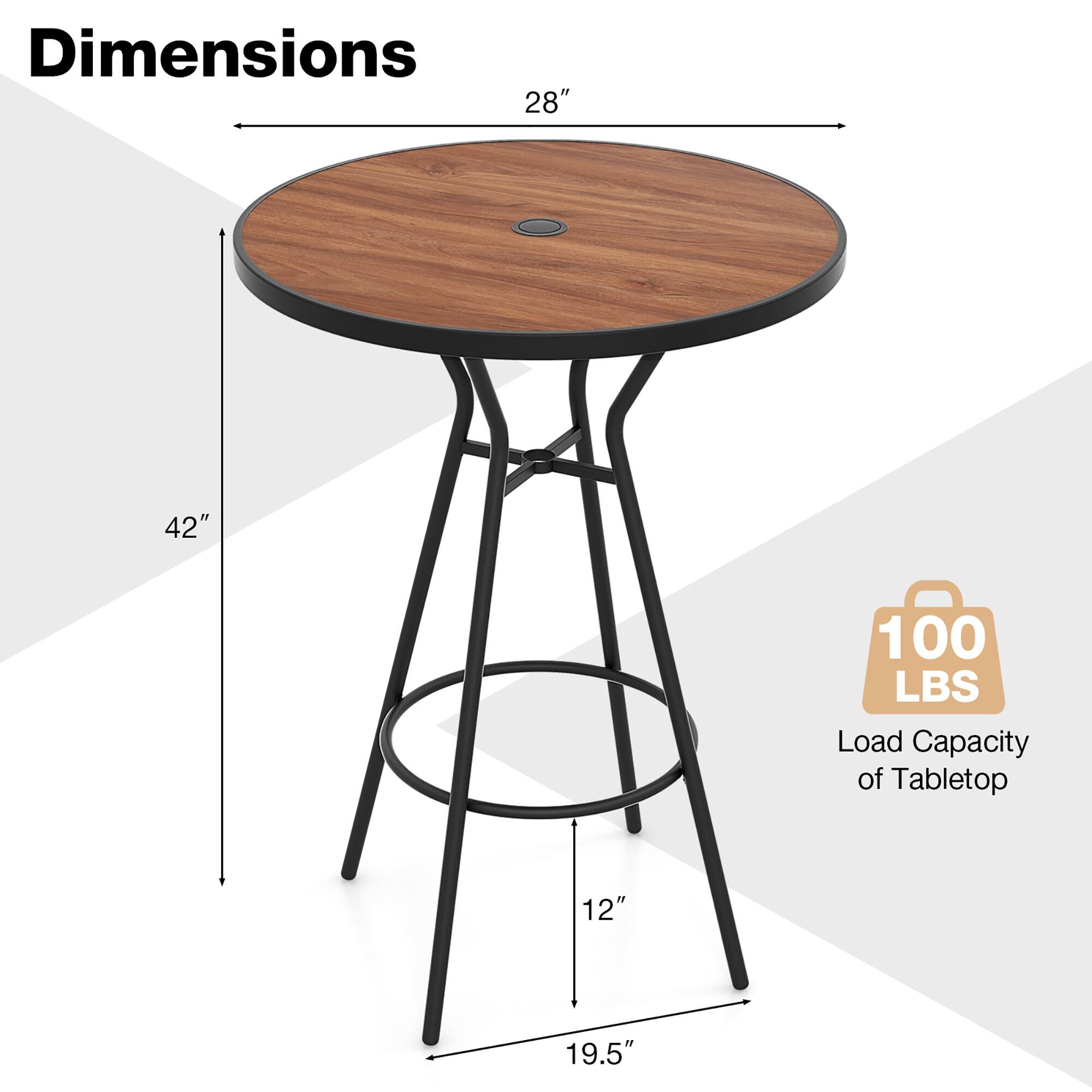 Dimensions:  
- Diameter: 28"  
- Height: 42"  
- Base Diameter: 19.5"  
- Base Height: 12"  

Load Capacity of Tabletop: 100 LBS