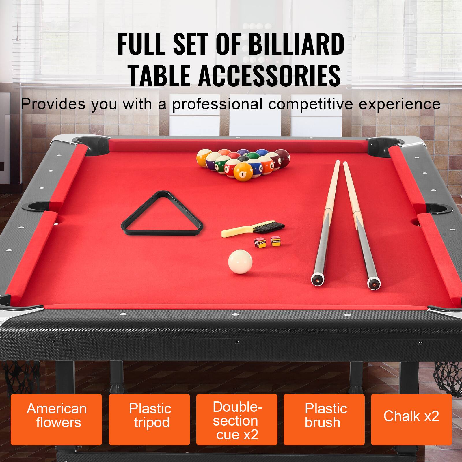 FULL SET OF BILLIARD TABLE ACCESSORIES
Provides you with a professional competitive experience
American flowers
Plastic tripod
Double-section cue x2
Plastic brush
Chalk x2
