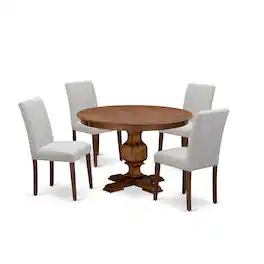East West Furniture - 5-Pc Kitchen Dining Table Set - Modern Kitchen Pedestal Table and 4 Doeskin Color Parson Chairs - Multi-Color