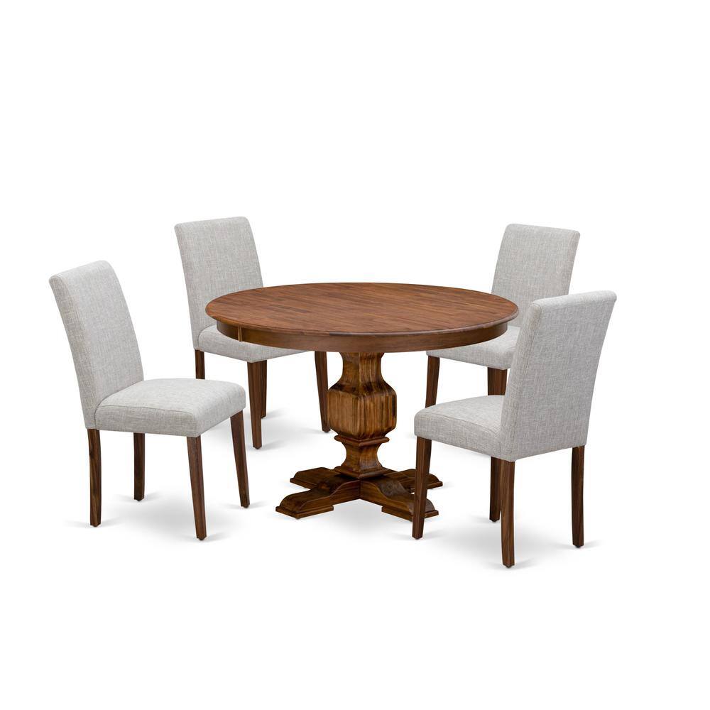 East West Furniture - 5-Pc Kitchen Dining Table Set - Modern Kitchen Pedestal Table and 4 Doeskin Color Parson Chairs - Multi-Color