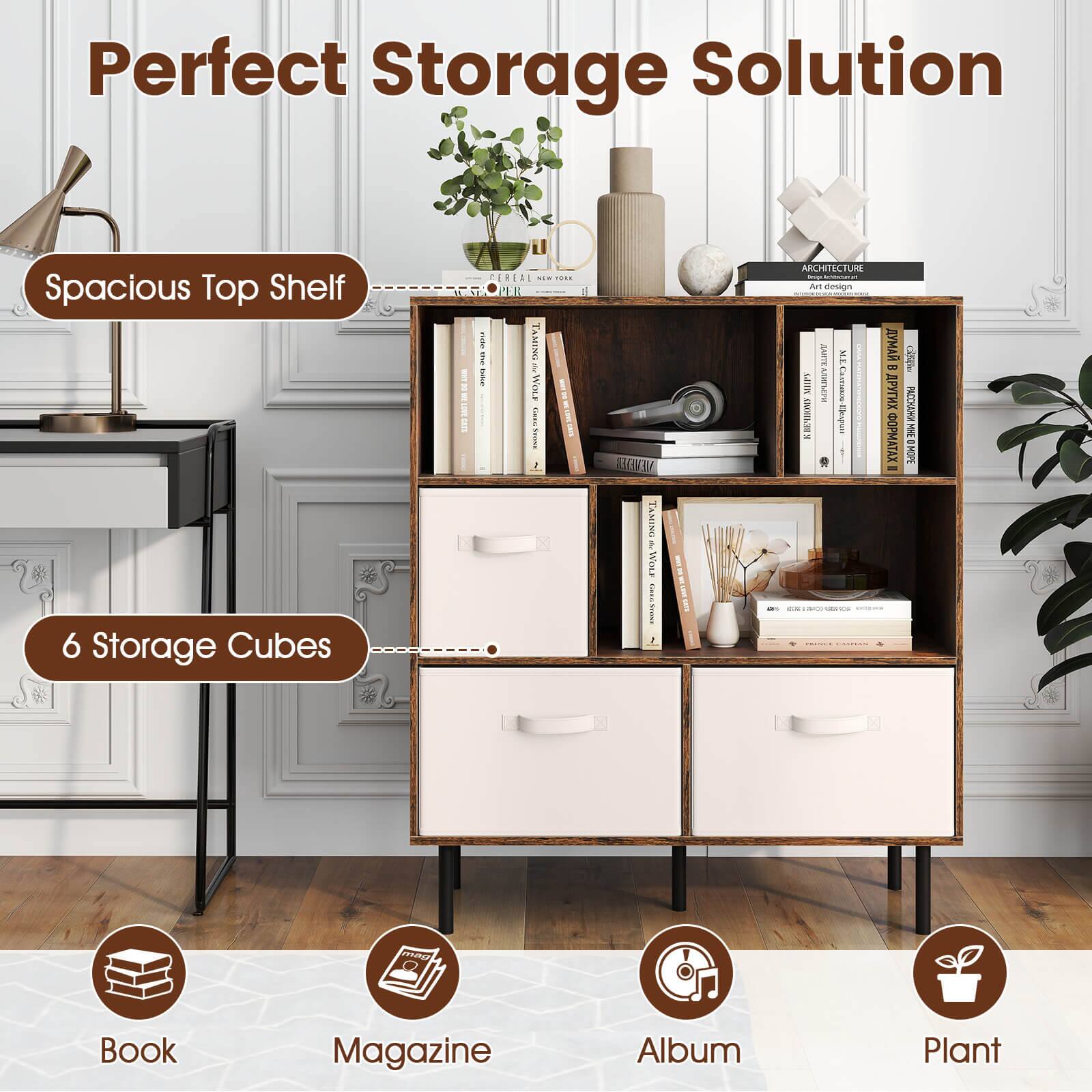 Perfect Storage Solution  
Spacious Top Shelf  
6 Storage Cubes  

Book  
Magazine  
Album  
Plant