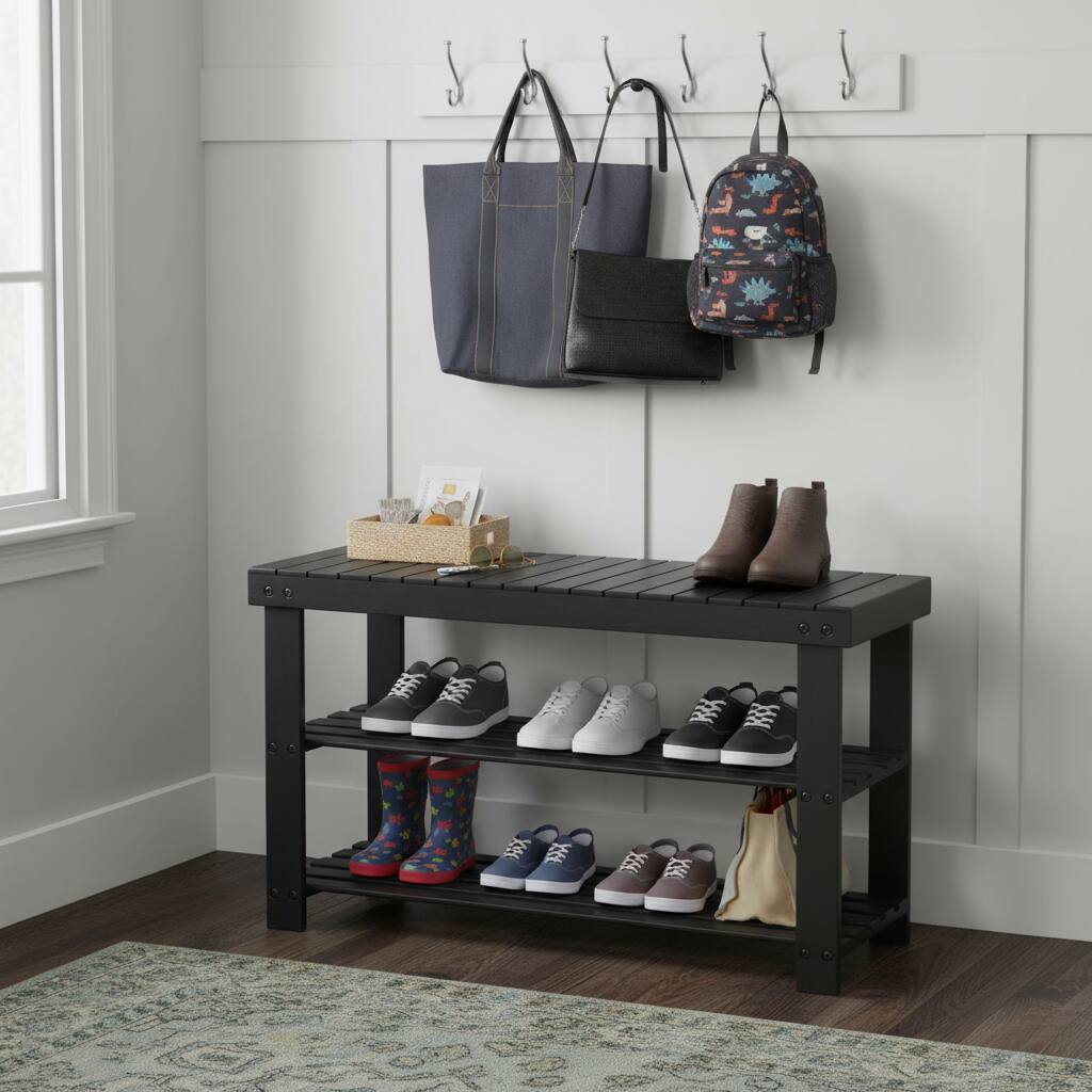 Alt View 5. AOITUN - 3-Tier Bamboo Shoe Rack Bench, 11.3 x 27.6 x 17.8 Inches Compact Storage Organizer with 286lb Capacity, Black - black.