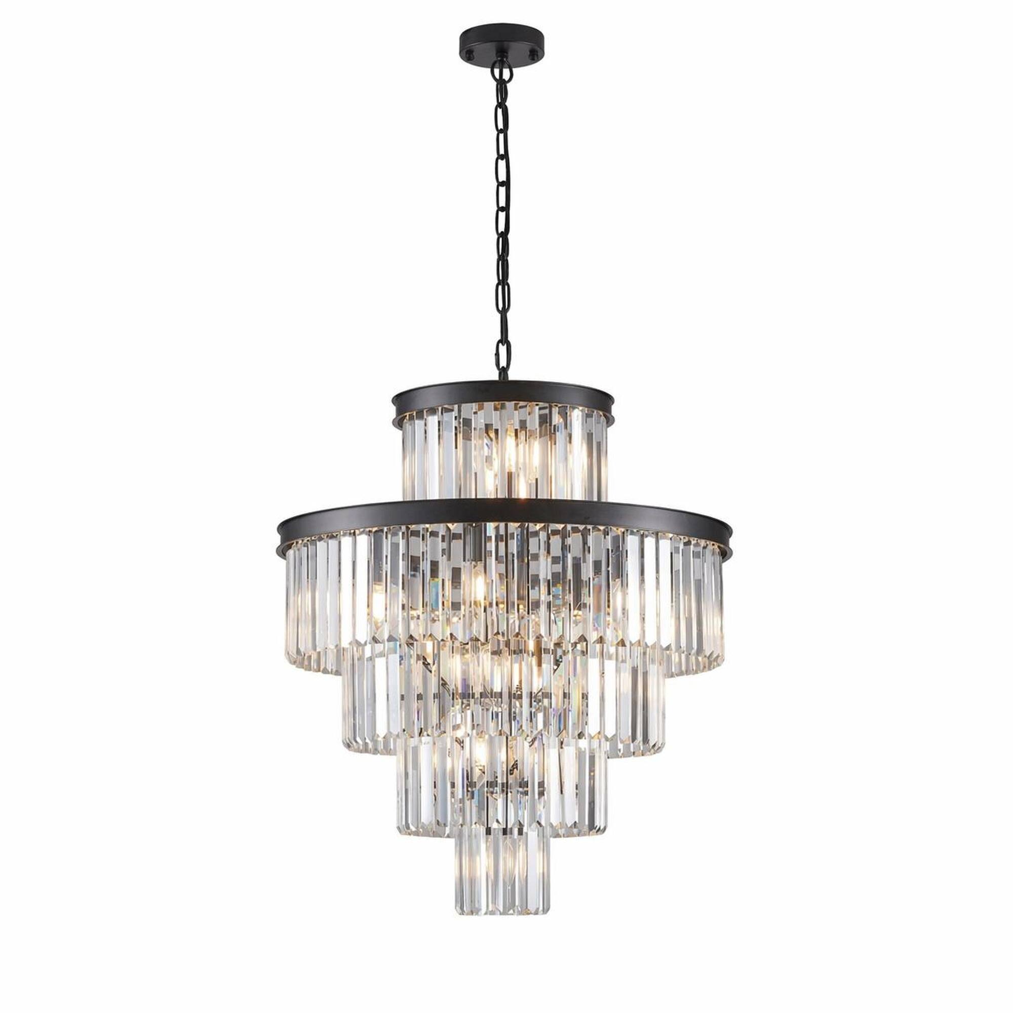 RYHNUYNE - 24-Inch Black Finish Luxury Crystal Chandelier, 15-Light 5-Tier Pendant, K9 Crystal Prisms for Living Room, Dining Room