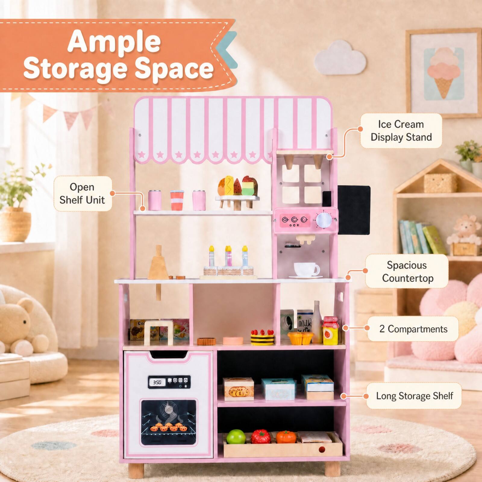 Ample Storage Space

- Ice Cream Display Stand
- Open Shelf Unit
- Spacious Countertop
- 2 Compartments
- Long Storage Shelf