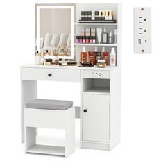 Front. Costway - Costway Vanity Desk Set with Mirror & Lights Power Outlet Cushioned Stool Drawer & Shelves - White.