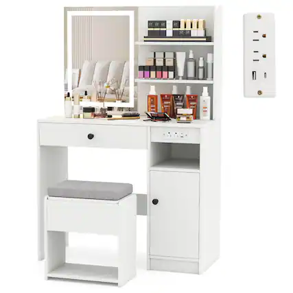 Front. Costway - Costway Vanity Desk Set with Mirror & Lights Power Outlet Cushioned Stool Drawer & Shelves White - White.