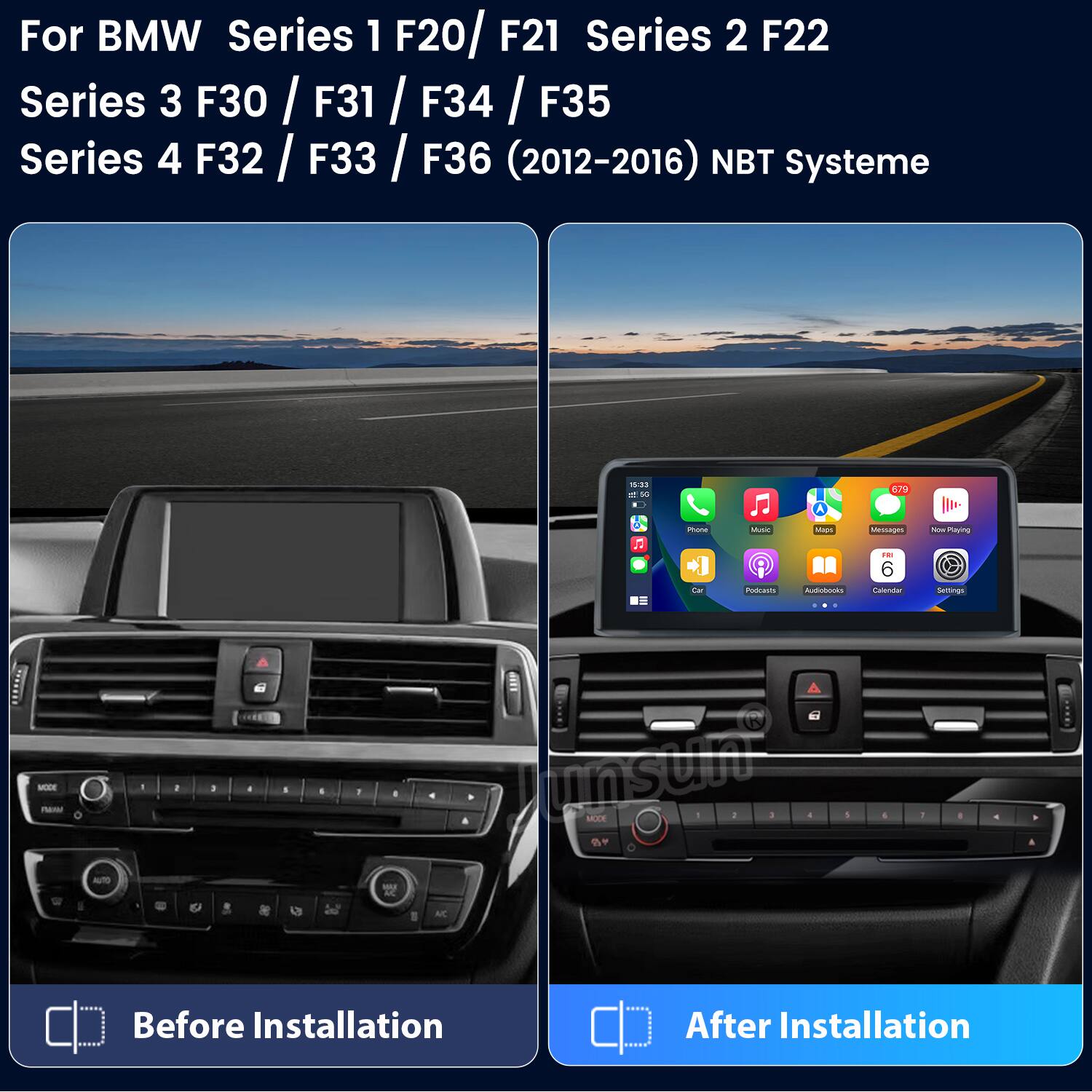 For BMW Series 1 F20/ F21 Series 2 F22 Series 3 F30 / F31 / F34 / F35 Series 4 F32 / F33 / F36 (2012-2016) NBT Systeme

Before Installation

After Installation