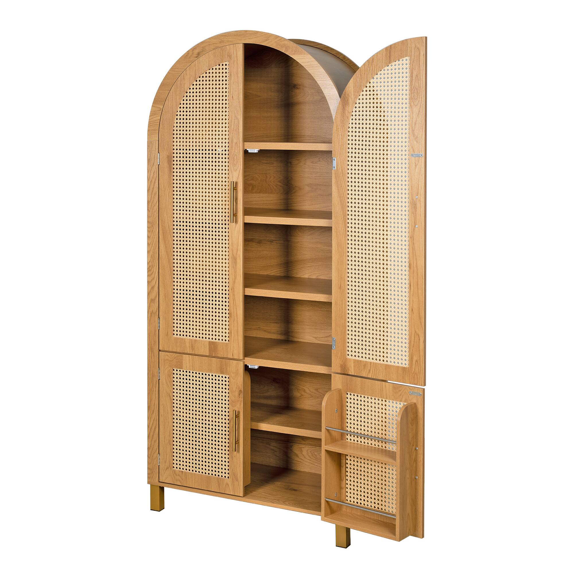 Alt View 10. Loheer - Loheer Arched Storage Cabinet, Oak Rattan Door Cabinet with Adjustable Shelves and Door Racks, Tall Pantry Cabinet - Oak.