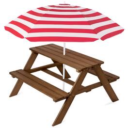 Best Choice Products - Outdoor Wooden Kids Picnic Table with Umbrella, Activity Table, 220 lb Capacity - Walnut/Red