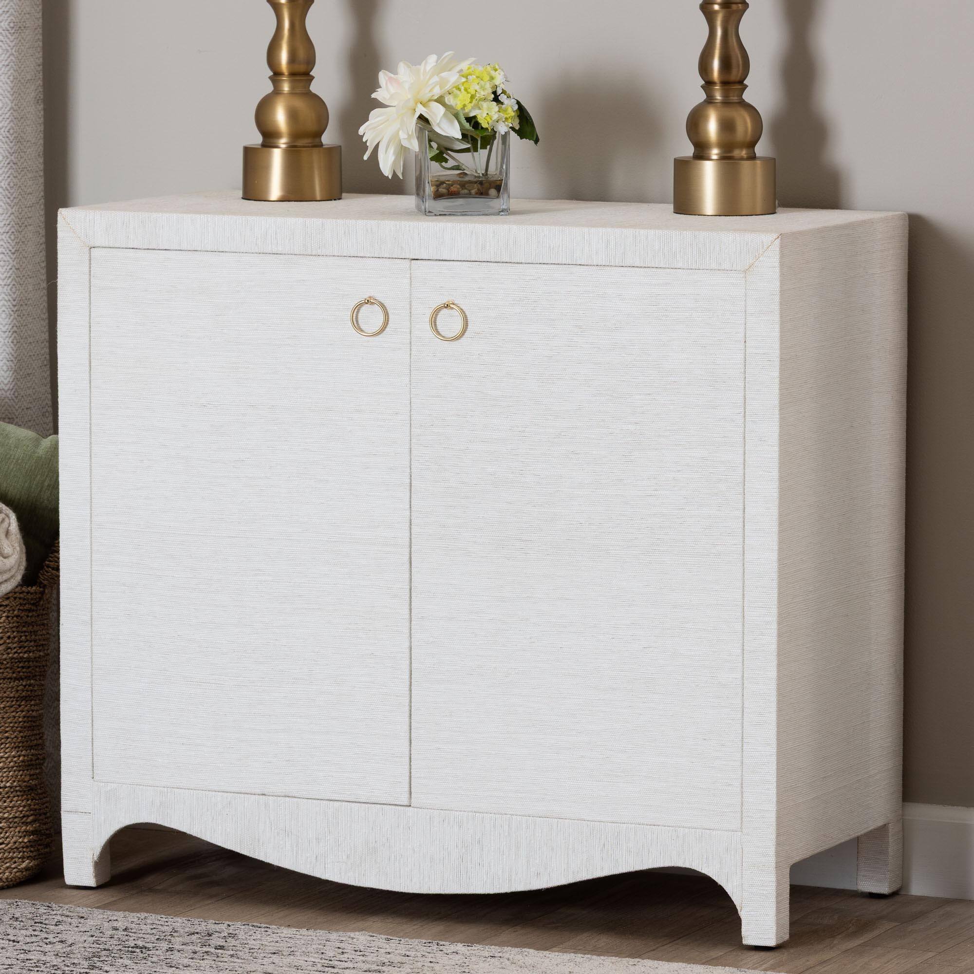 Alt View 4. bali & pari - Ximena Grasscloth Storage Cabinet - 2-Door Woven Accent Cabinet with Gold Ring Pulls for Living Room or Entryway - White/Gold.