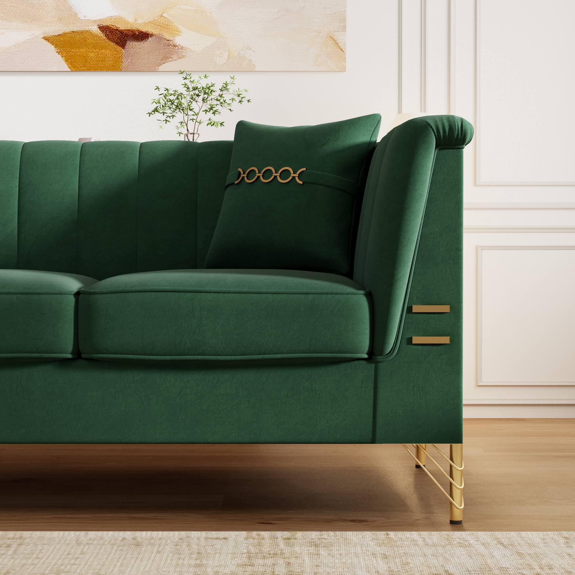 Left. Anysun - 82.7" Beige Velvet 3-Seat Chesterfield Sofa with 2 Pillows for Living Room - Green.