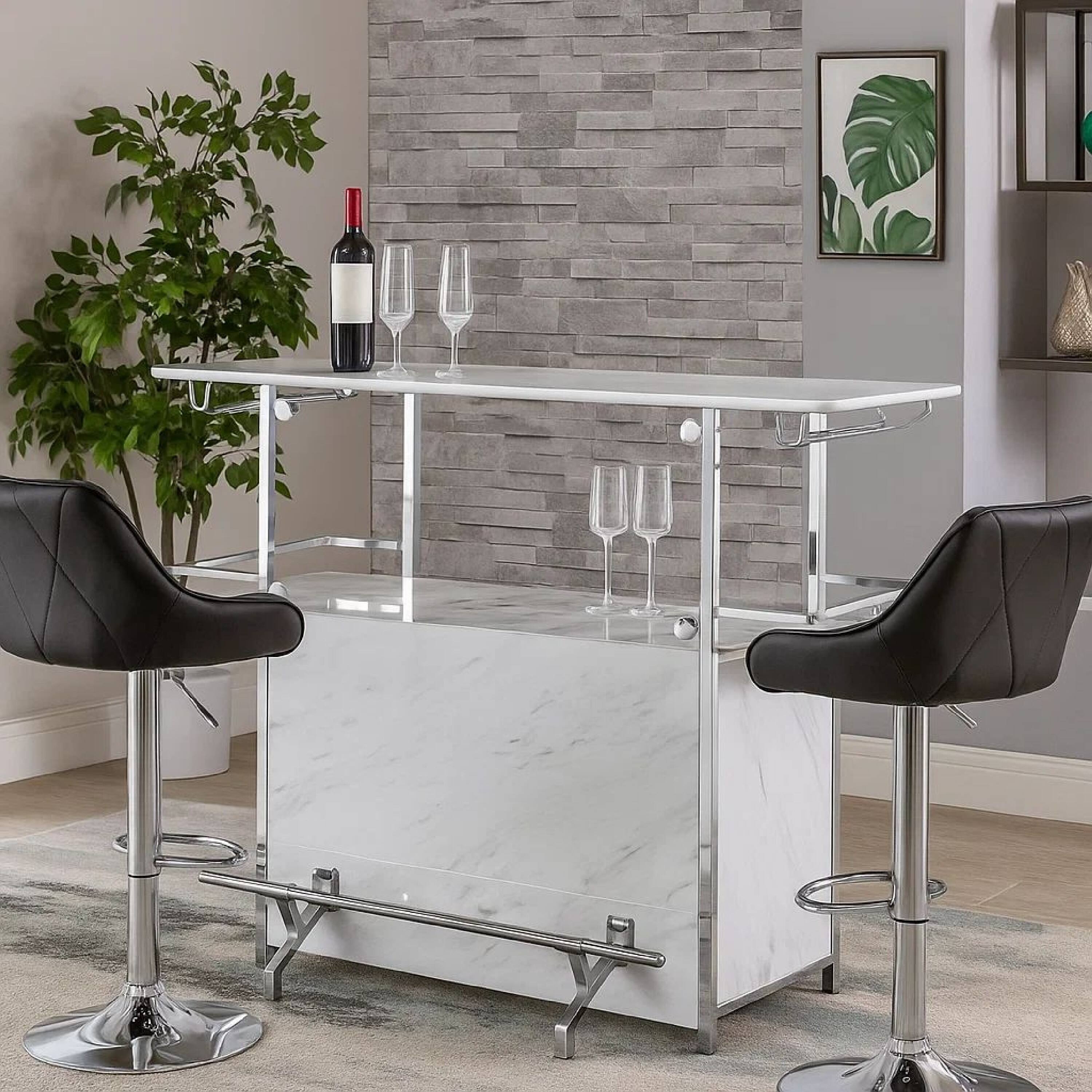 Alt View 5. Manhattan Lane - Bar Table with Faux Marble and Chrome Finish, White and Silver - White, Silver.