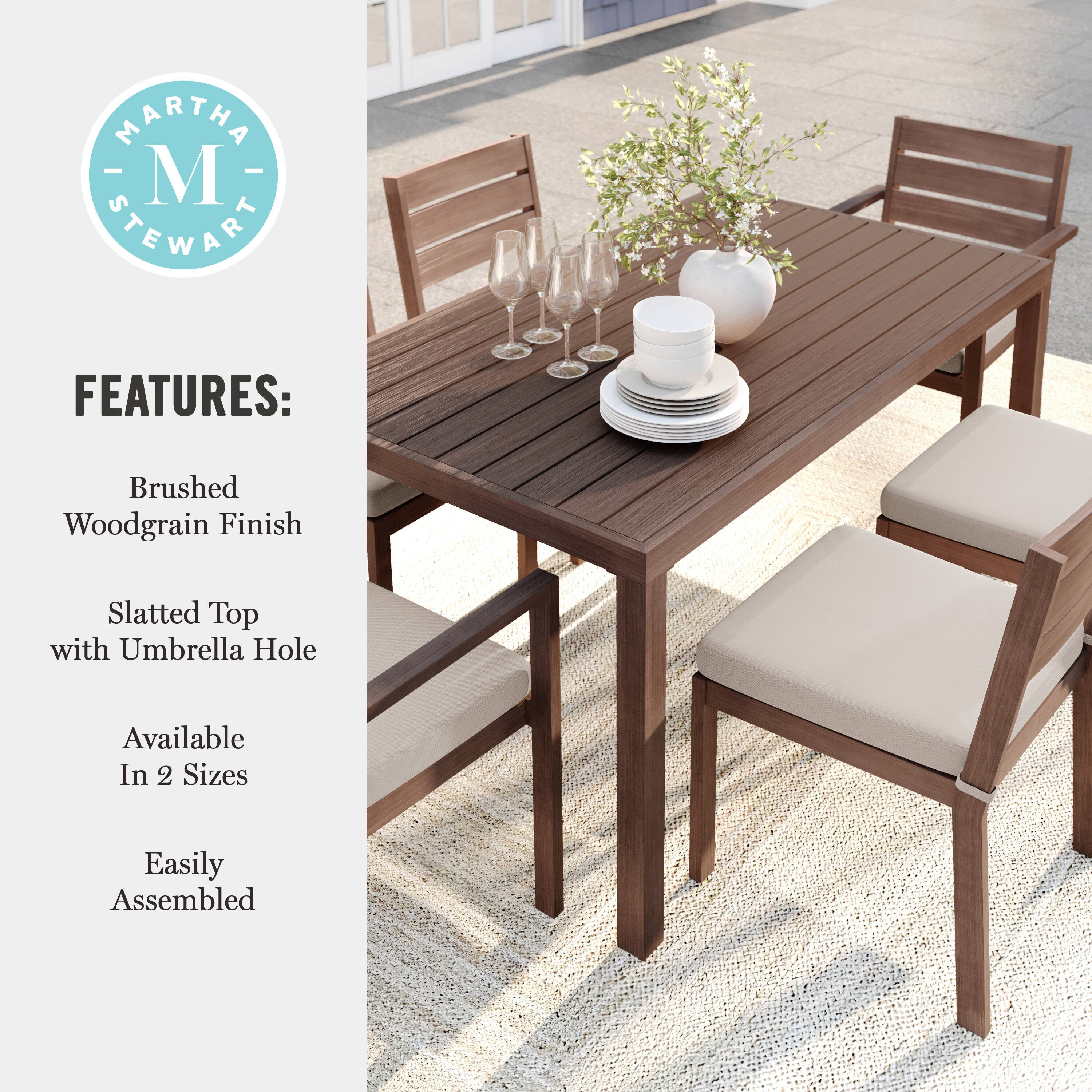 Martha Stewart Features: Brushed Woodgrain Finish Slatted Top with Umbrella Hole Available In 2 Sizes Easily Assembled