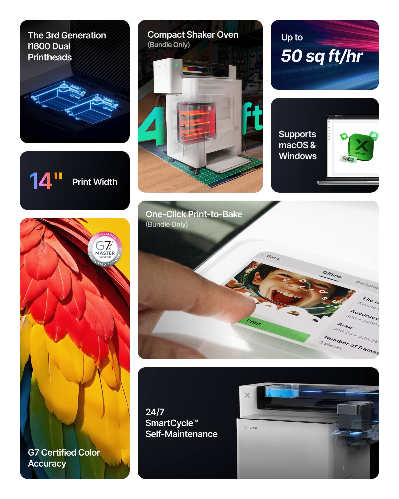 The 3rd Generation 1600 Dual Printheads Compact Shaker Oven (Bundle Only)  
Up to 50 sq ft/hr  
14" Print Width  
Supports macOS & Windows  
One-Click Print-to-Bake (Bundle Only)  
G7 Certified Color Accuracy  
24/7 SmartCycle™ Self-Maintenance  
G7 MASTER - QUALIFIED FACILITY  
300 Accuracy  
Area: 1200 x 380.23  
Number of frames: 3 pieces (360 x 130.25)