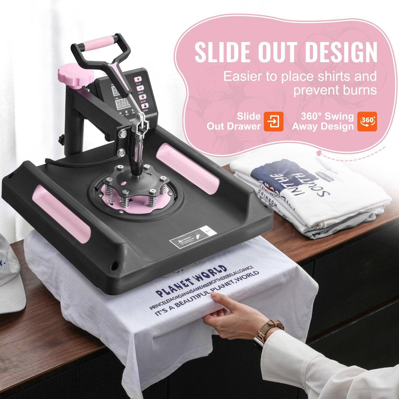 SLIDE OUT DESIGN  
Easier to place shirts and prevent burns  

Slide Out Drawer  
360° Swing Away Design