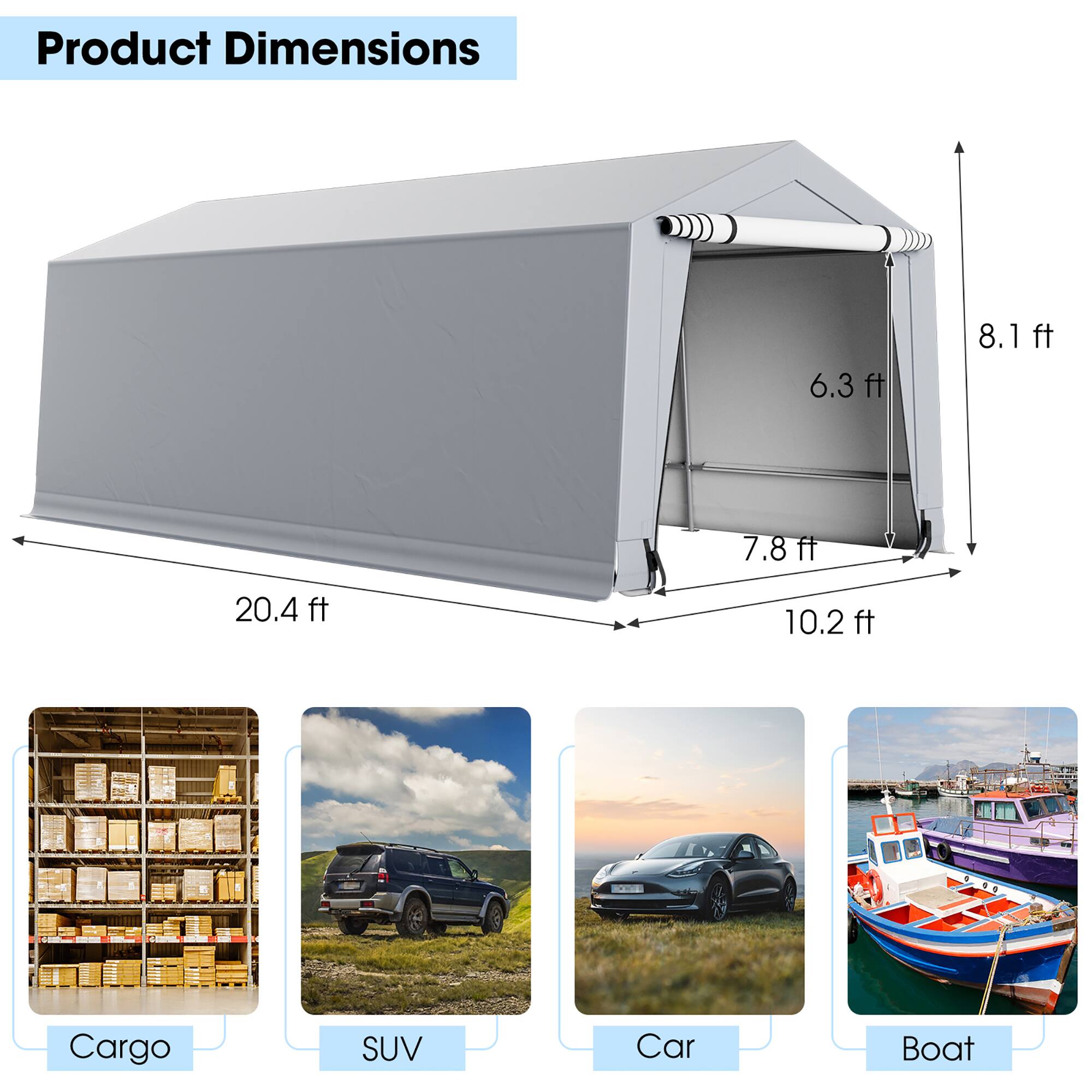 Product Dimensions

6.3 ft  
8.1 ft  
7.8 ft  
20.4 ft  
10.2 ft  

Cargo  
SUV  
Car  
Boat